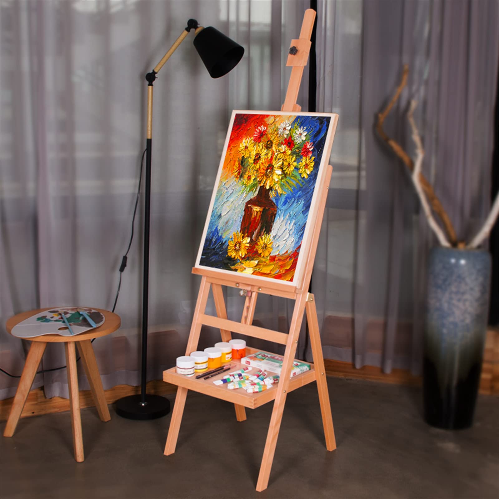 VISWIN Studio - Cavalletto ad H, inclinabile, piatto e regolabile, in legno di faggio, per pittura, grande cavalletto mobile per adulti, artisti, può contenere 1 o 2 tele fino a 198 cm