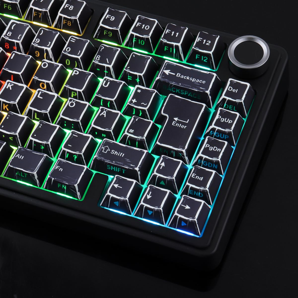 PBT Keycaps 128 touches Manga Black Keycaps, style rétro imprimé sur le côté brillant Through Dye Sub Custom Keycaps for Cherry MX Switch German QWERTZ Layout Mechanical Keyboards