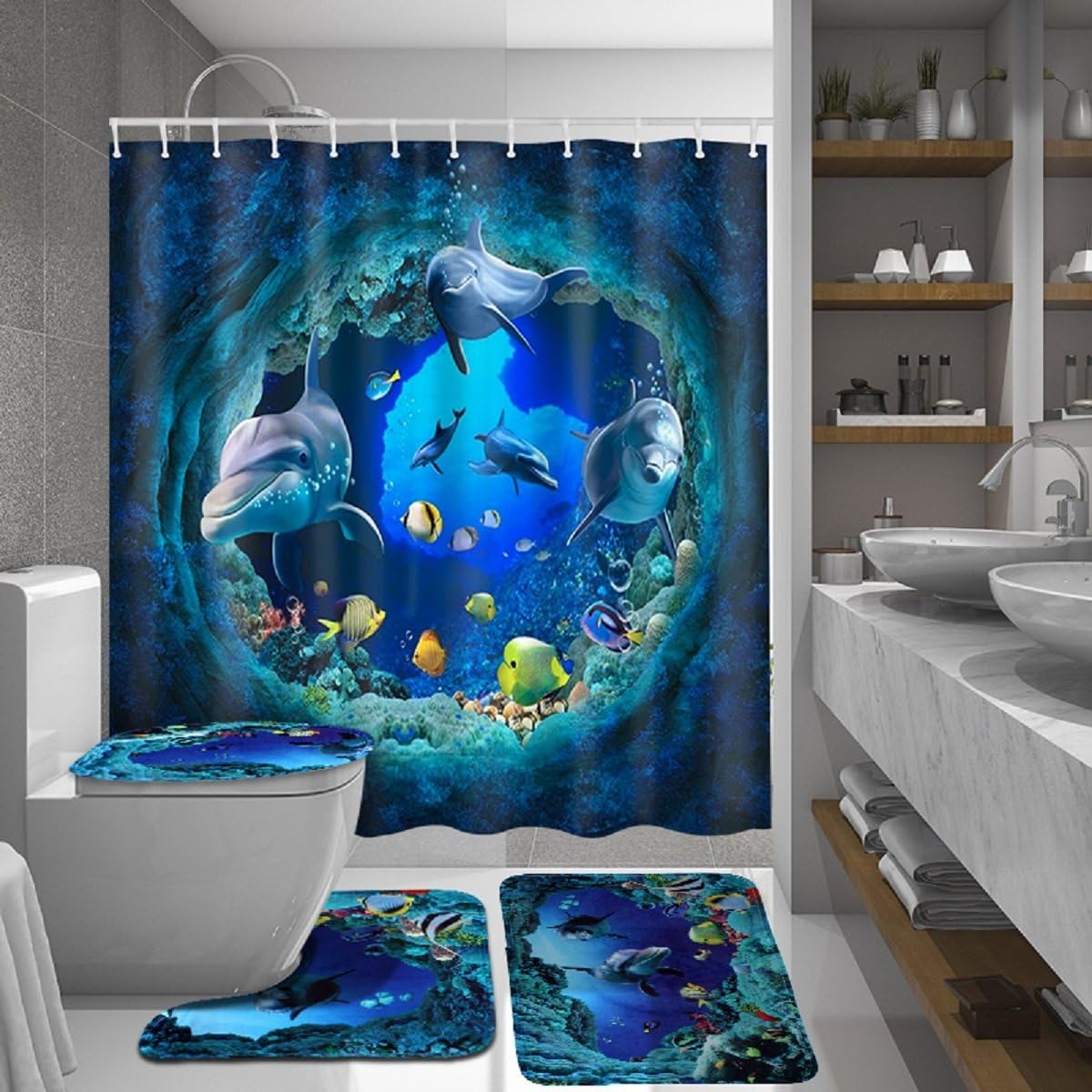 Polyester PVC Blue Ocean Shower Curtain Lid Toilet Cover Bath Mat Rug with Hooks Bathroom Accessory Sets 180x180cm (Original Seller-dDankeforU)