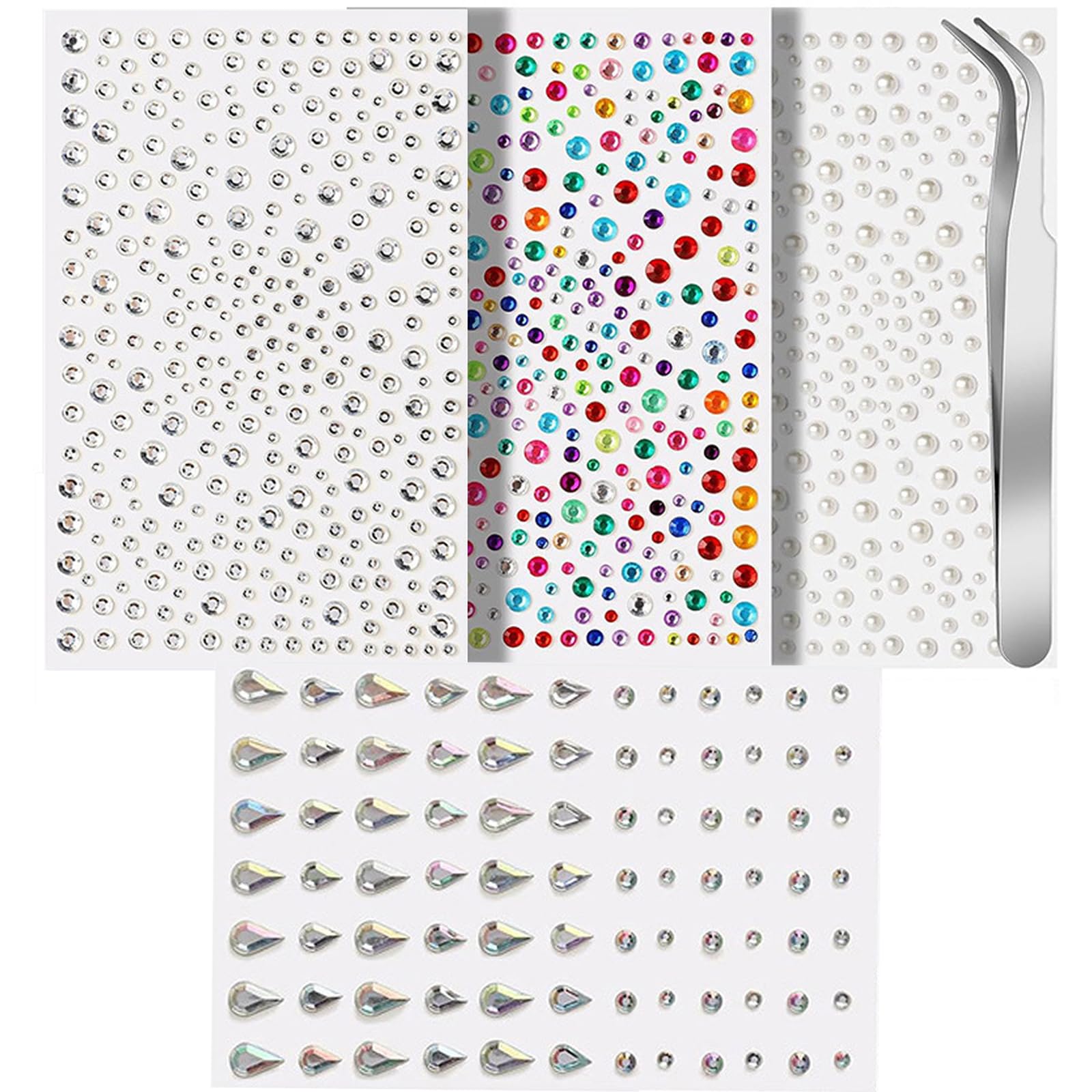 5-Piece Face Gems Rhinestones Pearl Stickers Kit for Makeup with Tweezer, Self-Adhesive Glitter Face Jewels Hair Gems Sticker for Parties, Weddings, Festivals-image-37