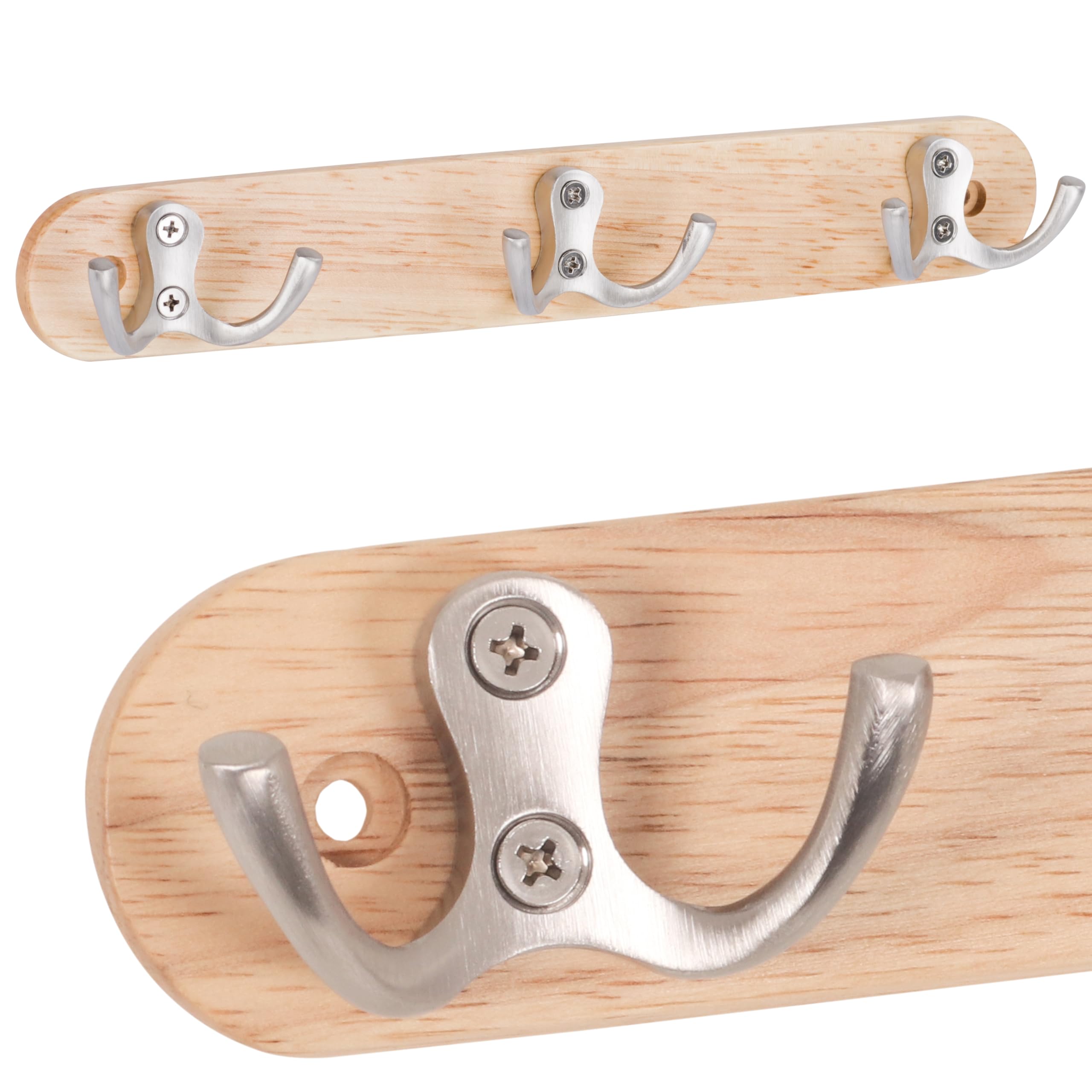 RICOO Garderobenhaken Holz, Kleiderhaken Wand, MH013, Wandhaken Holz, Garderobenleiste, mit 3 Haken, Edelstahl, 27 cm, Wandgarderobe, Holzhaken zum Schrauben