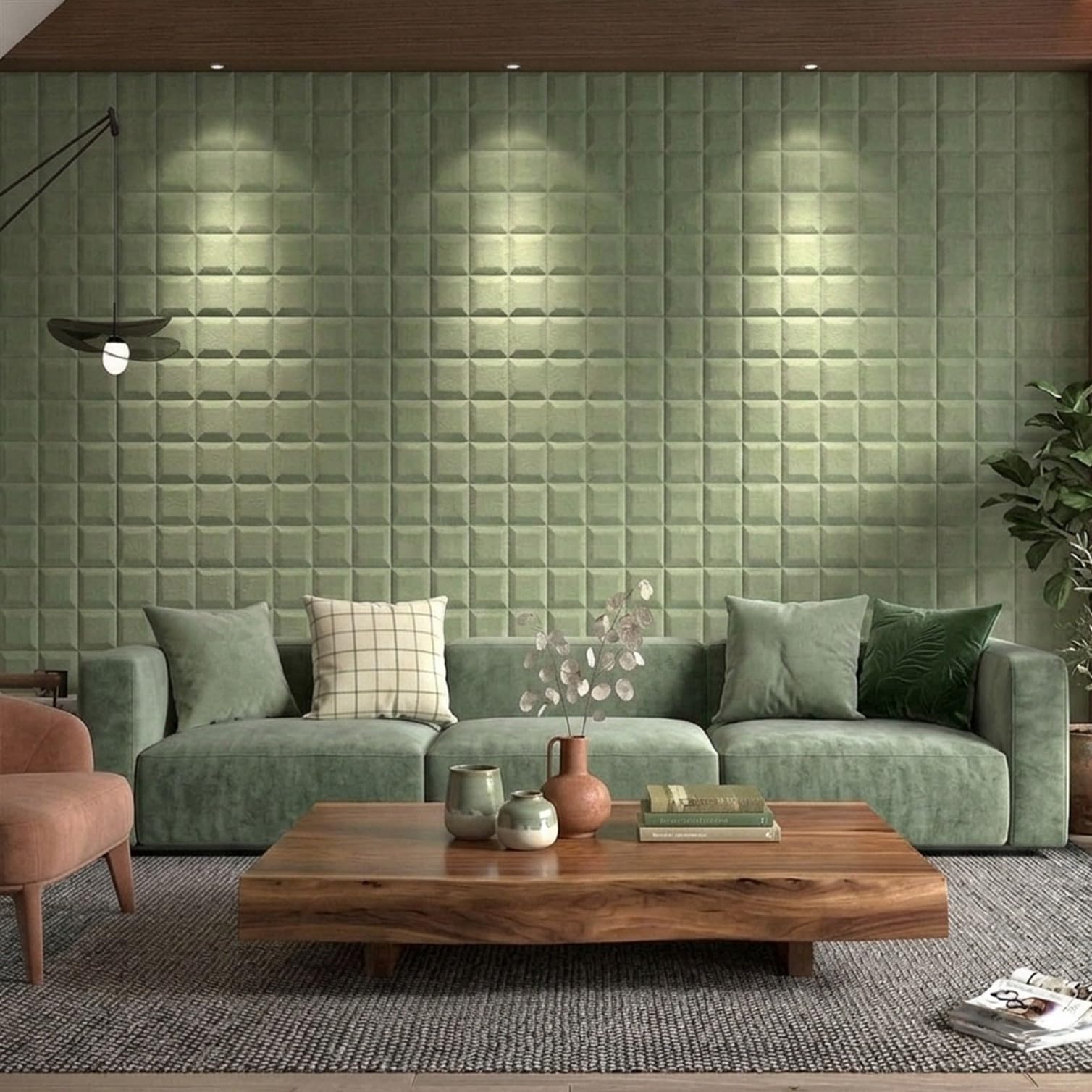3D Wandpaneele Selbstklebend [SAMTOPTIK] – Gepolsterte Wandverkleidung zum Kleben – Moderne Wandgestaltung für Wohnzimmer, Schlafzimmer, Büro & Gastronomie – 69 x 277 cm Quadrat-Steppung, Grün