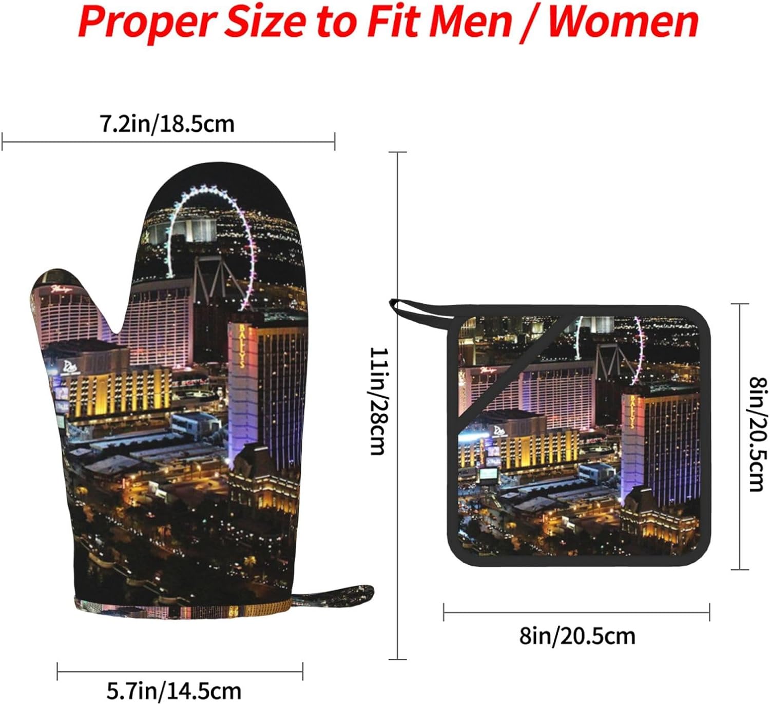 Las Vegas Night View Oven Mitts and Pot Holders Set of 4 Heat Resistant Kitchen Gloves with Silicone Palm Hot Pads for Baking Cooking Grilling BBQ