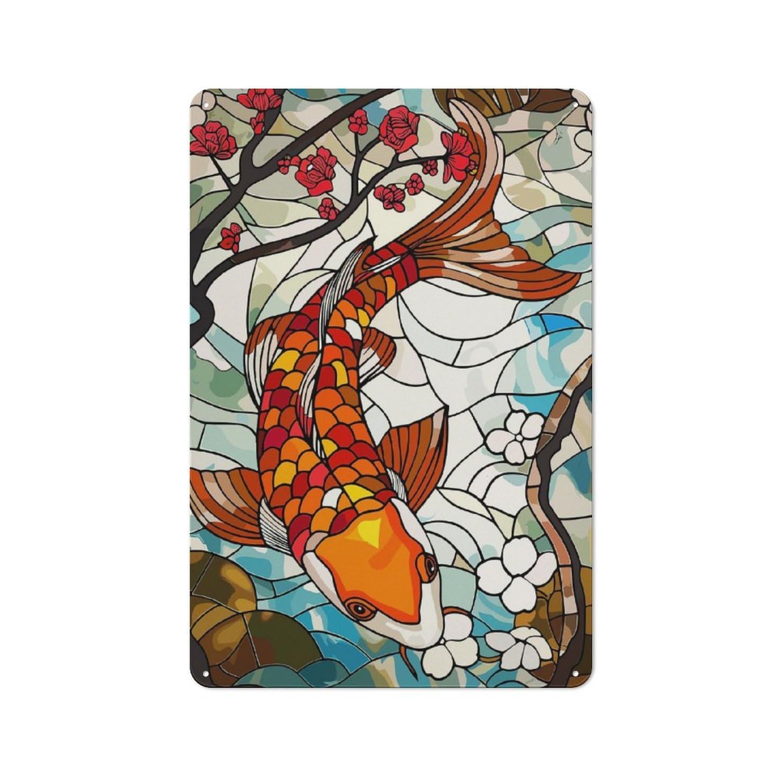 Junmoney Style-10 For Lounge Or Reading Corner, Stained Glass Koi Fish And Cherry Blossoms Rustic Metal Sign 30X20cm, For Vintage Wall Decor Fans, For Themed Room Decoration