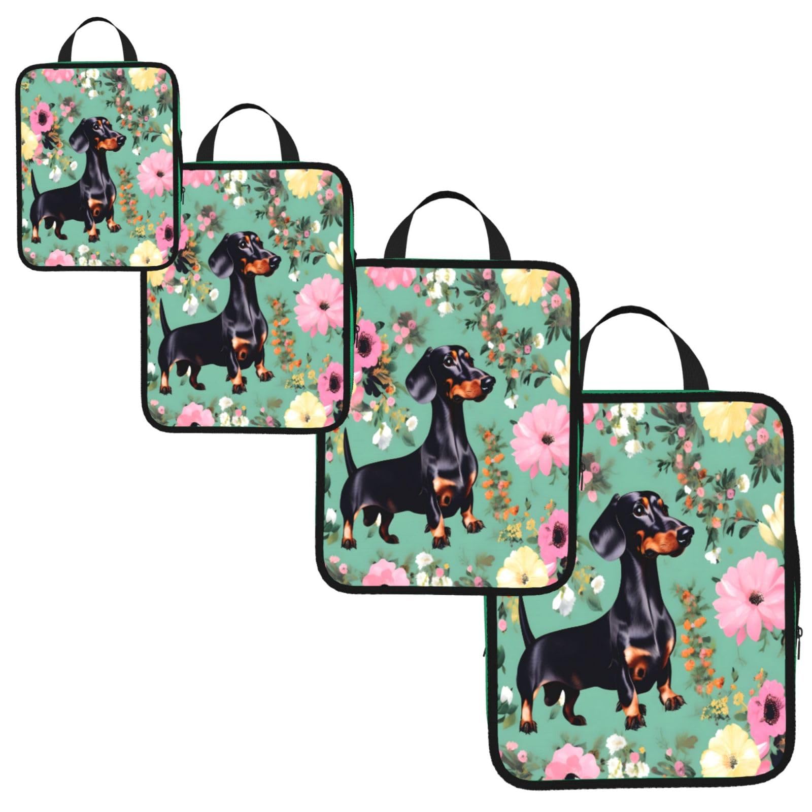 Dachshund Florals Print 4 Set Compression Packing Cubes for Suitcases,Expandable Storage Bag Organizers