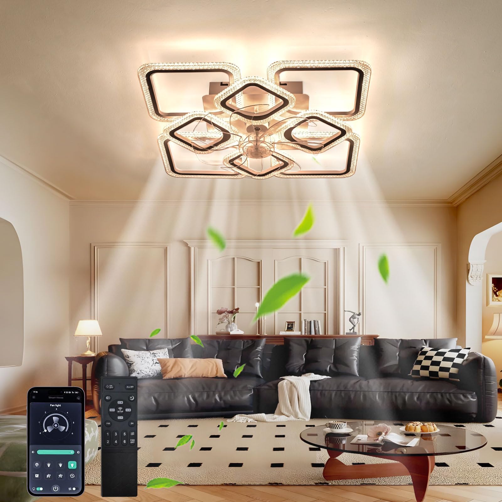 HXYSXHJUO Living Room Ceiling Fan with Light, Embedded Geometric Design, 6 Speeds and 3000K-6500K, Dimmable, Modern Bedroom Reversible DC Motor, Remote Control