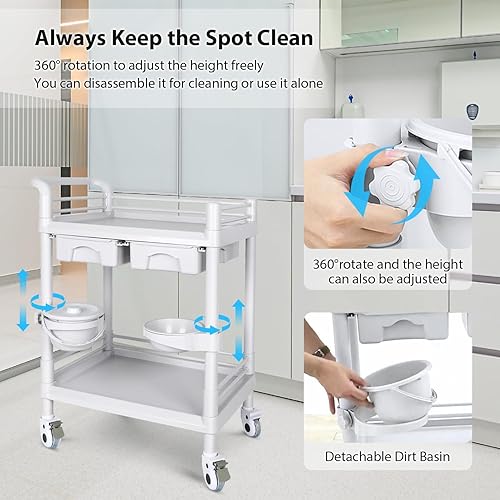 Miniatura 5 de Carrito médico móvil de 2 estantes de 330 libras de carga máxima, carrito de almacenamiento resistente para salón de belleza con cajones, cubos de