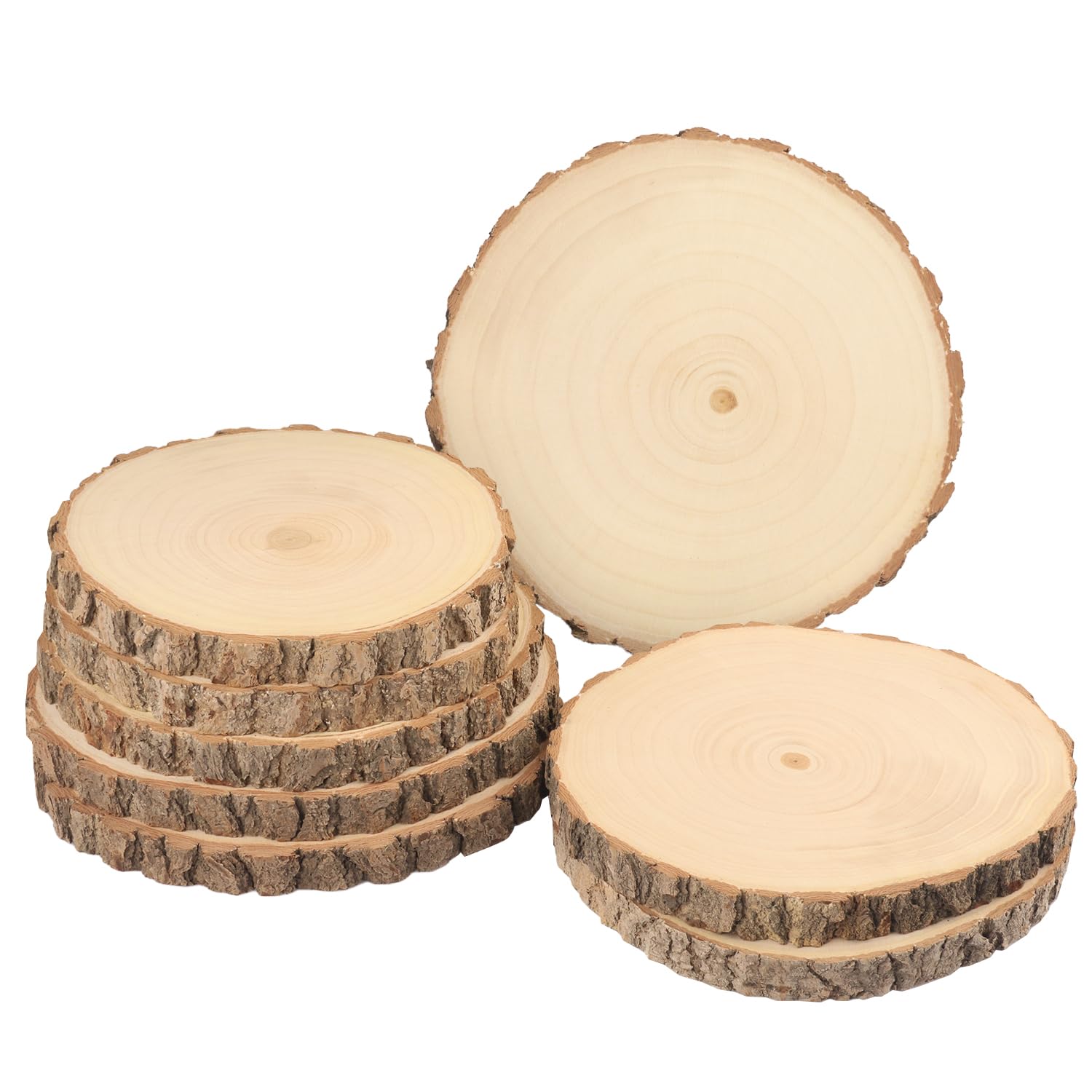 8 szt. 20-23 cm naturalne plastry drewna, niedokończone koła drewniane Paulownia z korą na podstawki, rękodzieło, Boże Narodzenie, rustykalne ozdoby ślubne i elementy centralne, 8 szt. GNIEMCKIN