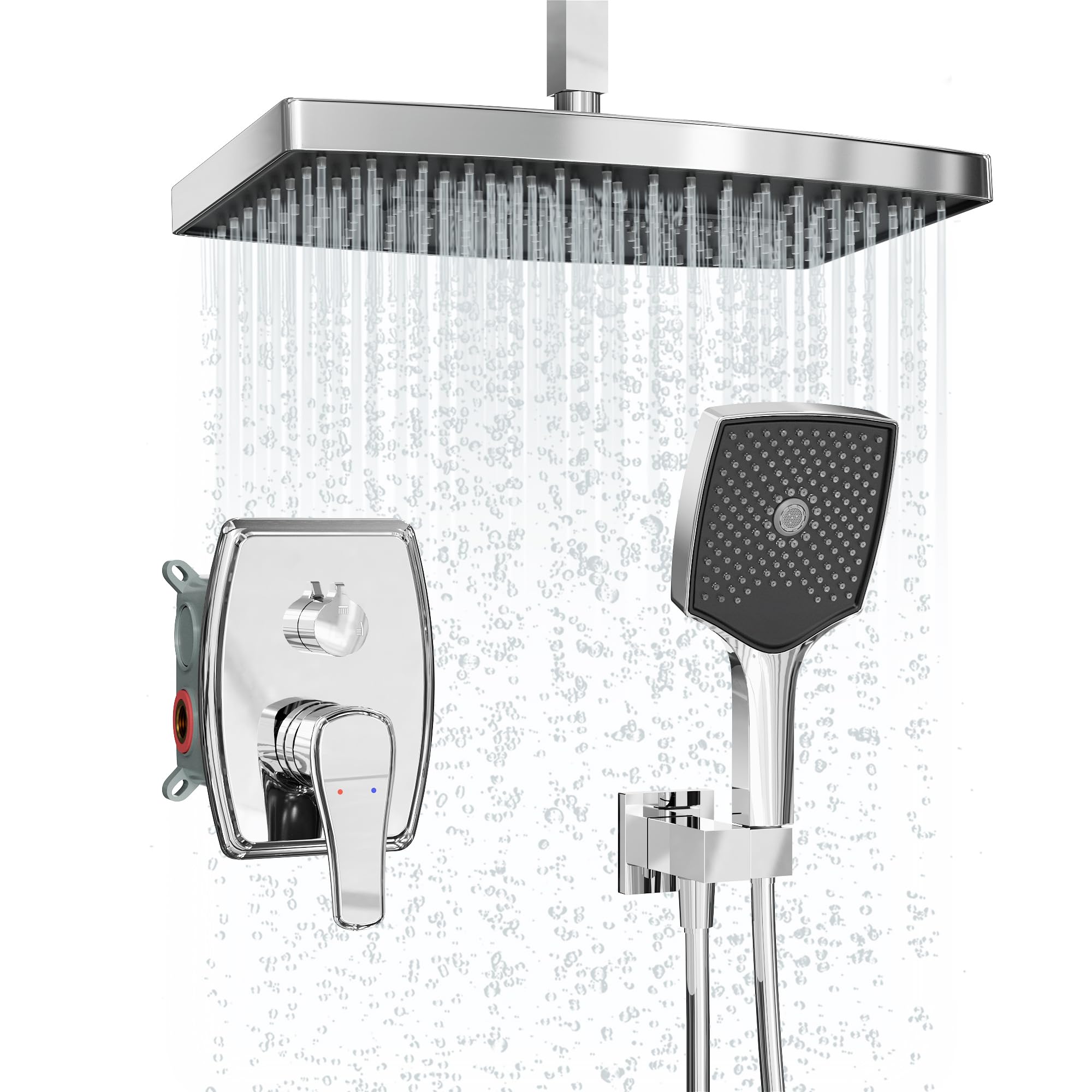 Rainfall Shower System Modern Shower Faucet Set 14"Rain Showerhead and Handheld Shower Head with Divert Rough-in Valve & Trims High Pressure Rainfall Shower Systems Bathroom Polished Chrome