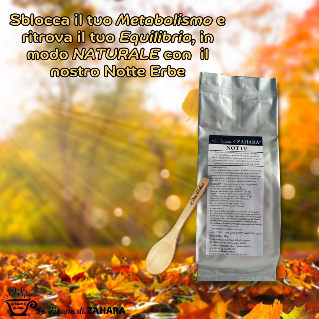 Le Tisane di Zahara Tisana Notte Miscela di Erbe, Infuso Serale con Senna e Finocchio, Contrasta la Ritenzione Idrica di Pancia e Gambe, Aiuta a Dormire Bene, Formula Vegetale, 100gr