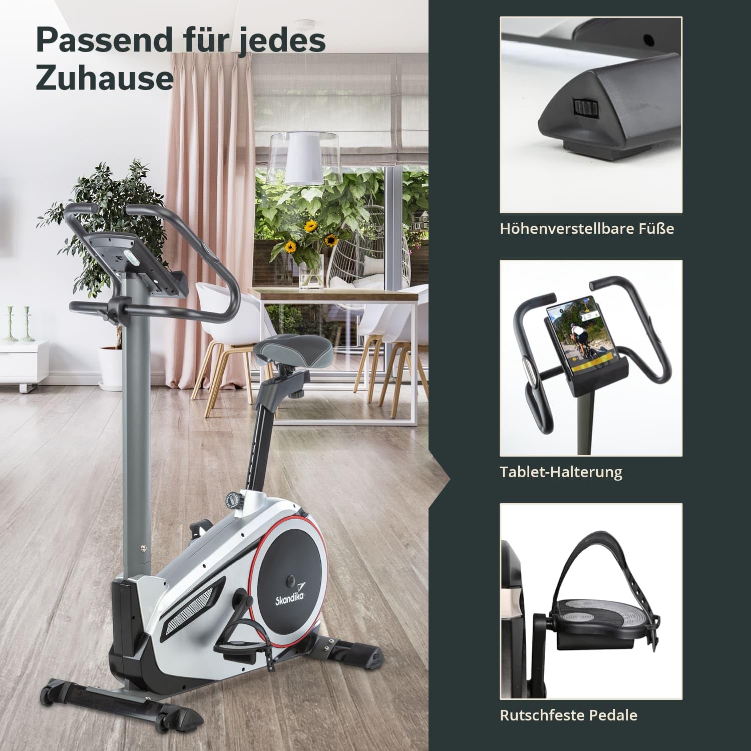 Skandika Ergometro Morpheus | home trainer, sistema di massa volanica da 12 kg, 32 livelli, 24 programmi, applicazione compatibile con Kinomap, cintura per la frequenza cardiaca, supporto per tablet, fino a 150 kg