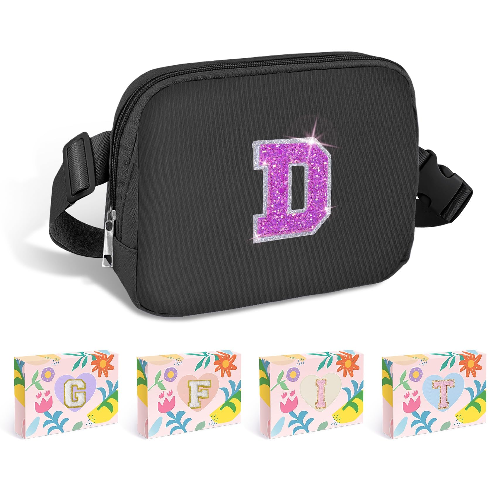 COSHAYSOO Black Fanny Pack for Girls Purse Crossbody Belt Bag with Initials, Personalized 6 7 8 9 10 11 12 Year Old Teen Girl Birthday Gift Ideas