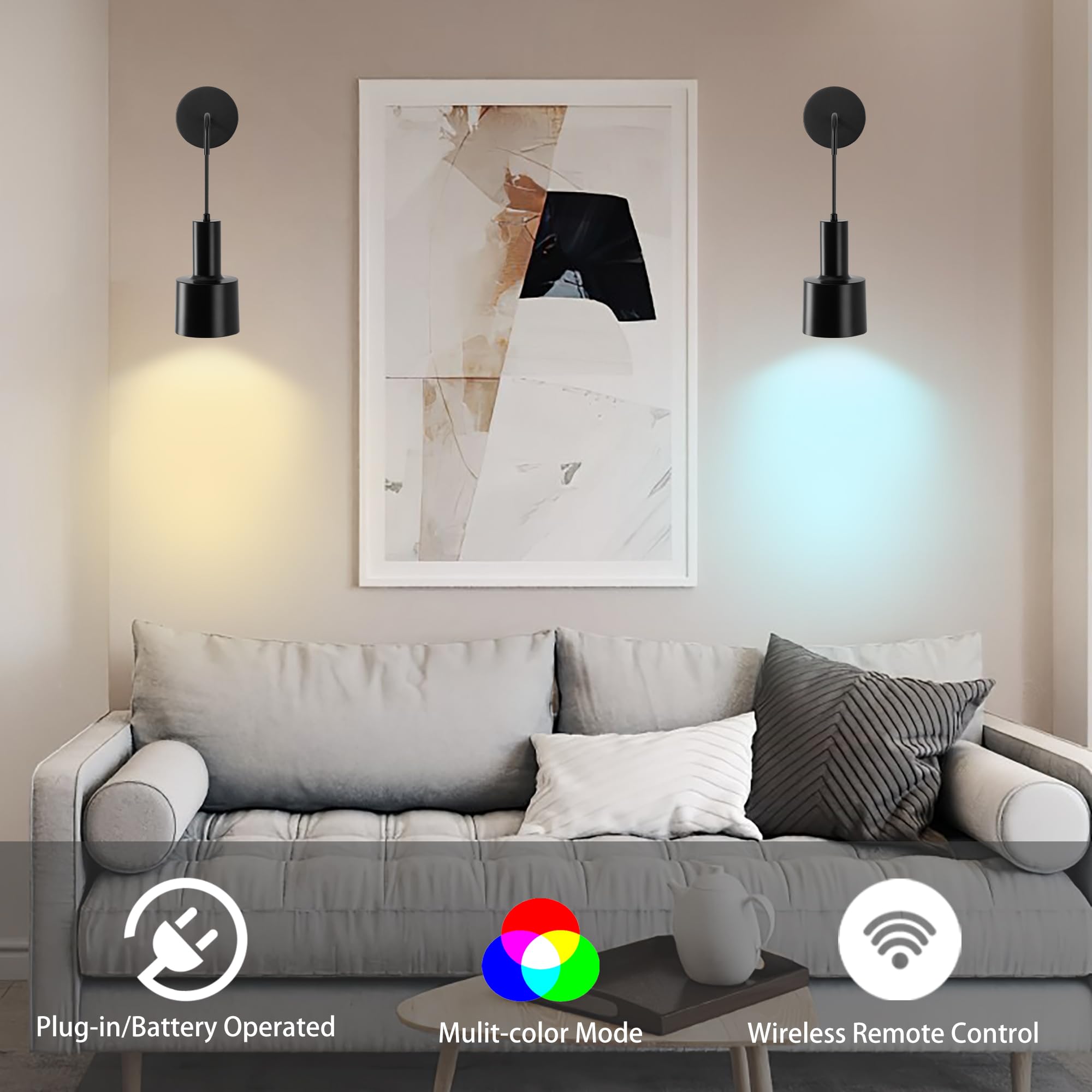 Battery Operated Wall Sconces,Black Wall Sconces Set of Two,Plug In Wall Sconces with Adjustable Cable,Pro Version Wireless Wall Light with Remote for Living Room,Bedroom,Bedside,Bathroom,Hallway