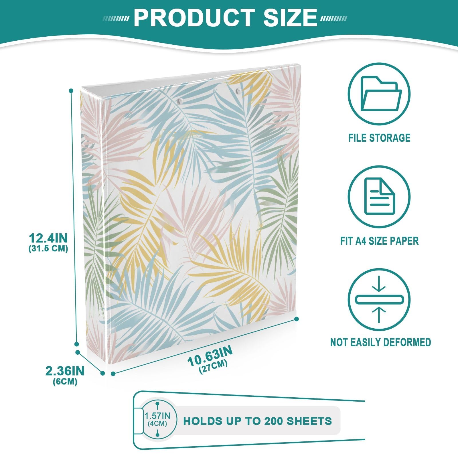 Coloful - Raccoglitore a 3 anelli con stampa di foglie di palma, 3,8 cm, contiene 200 fogli con 3 tasche interne in PVC trasparente, per scuola e ufficio
