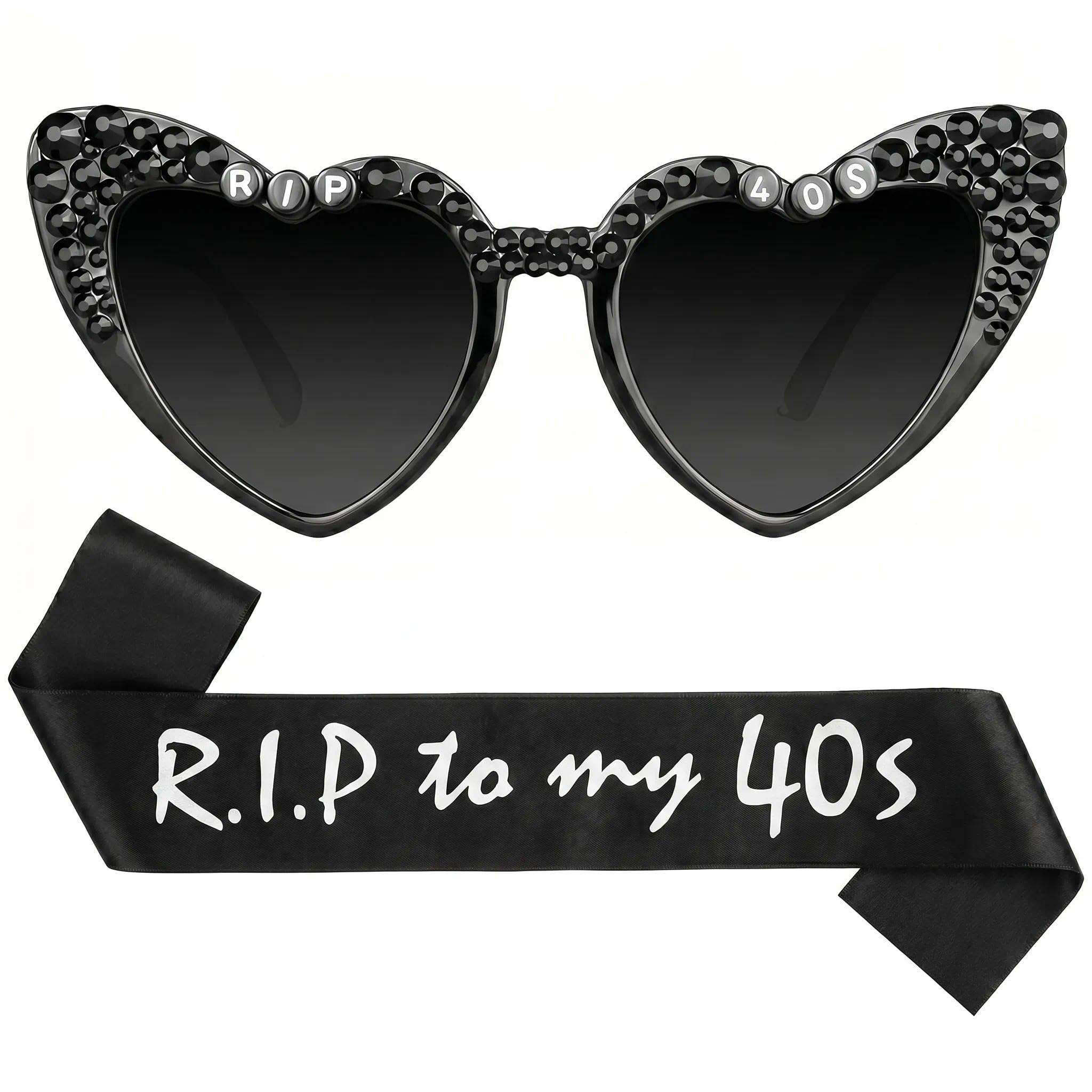 MYHOGOOD 50th Birthday Glasses with Sash, Heart Shaped Novelty Sunglasses, Funny Rip 40s Party Decorations, Black Rhinestone Photo Props for Women