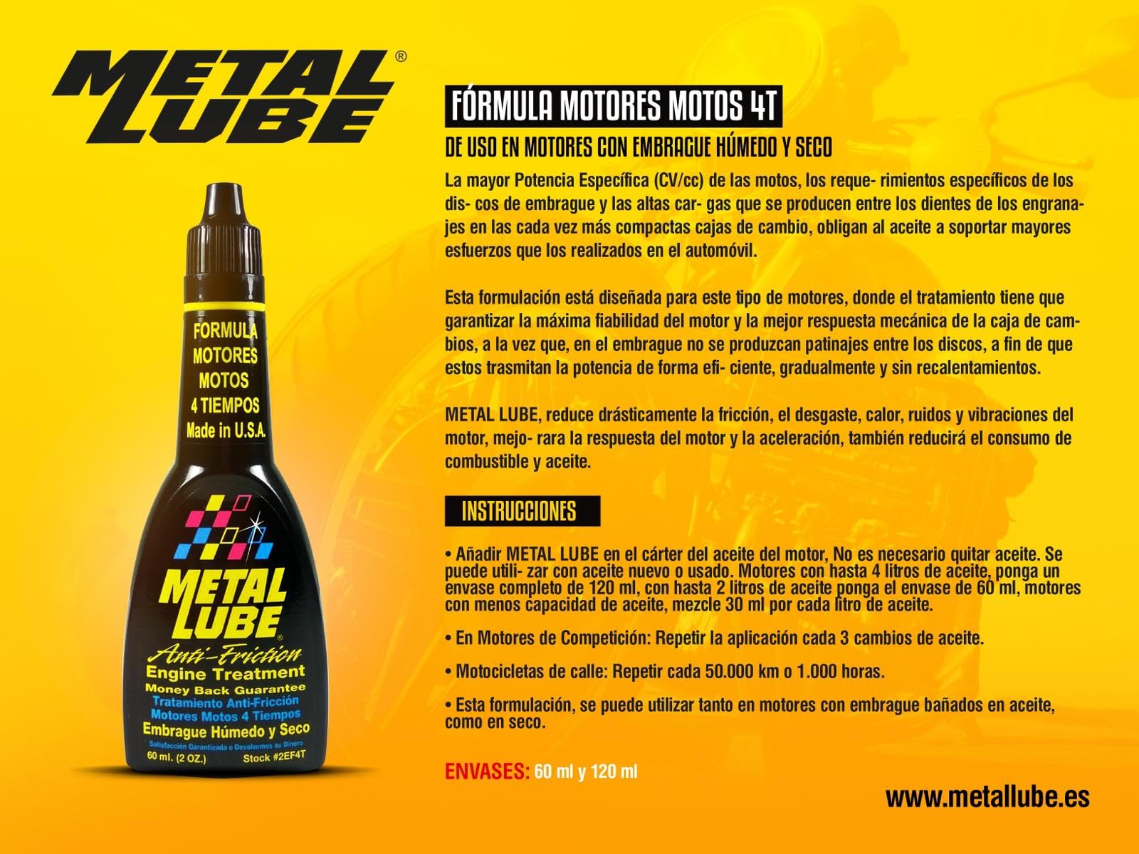 Metal Lube Fórmula Motores Motos 4T – Aditivo Antifricción para Embrague Húmedo, Reduce Desgaste y Vibraciones, Mejora Aceleración y Consumo – Envase 120 ml