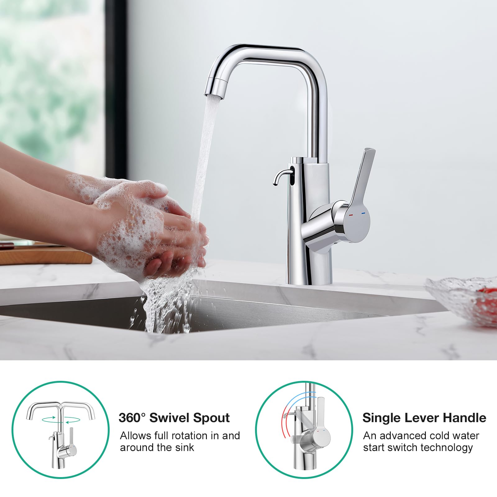 Faustina Robinet de salle de bain avec distributeur de savon intégré, rotatif à 360°, mitigeur monocommande pour salle de bain, cuisine, lavabo, bar à domicile, buanderie, petit camping-car, acier