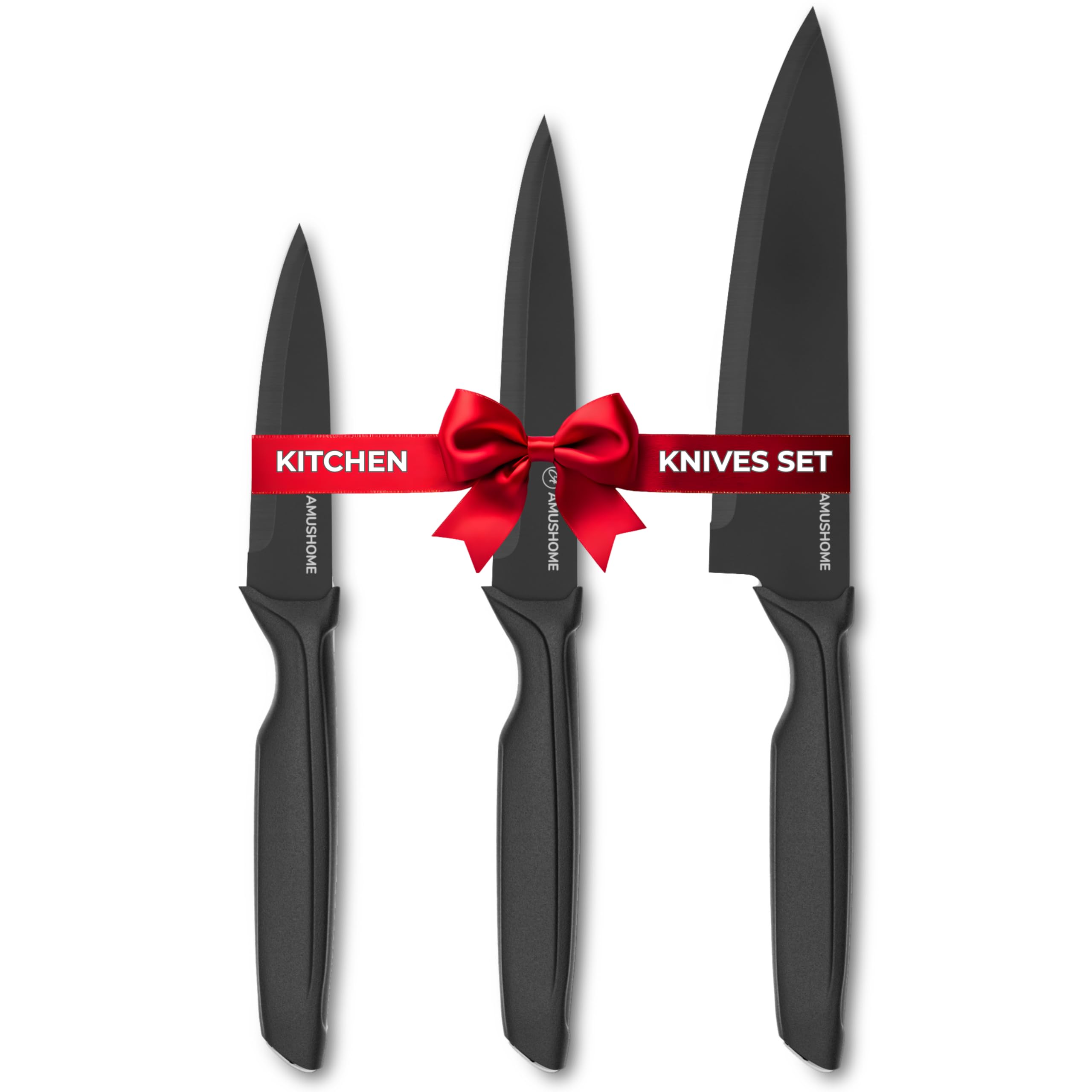 Professional Kitchen Knife Set for Cooking, 3pcs Stainless Steel Blade Sharp Kitchen Knives Set with Ergonomic Handle, Chef Knife, Utility & Paring with Non Stick Coating & Dishwasher Safe, Black