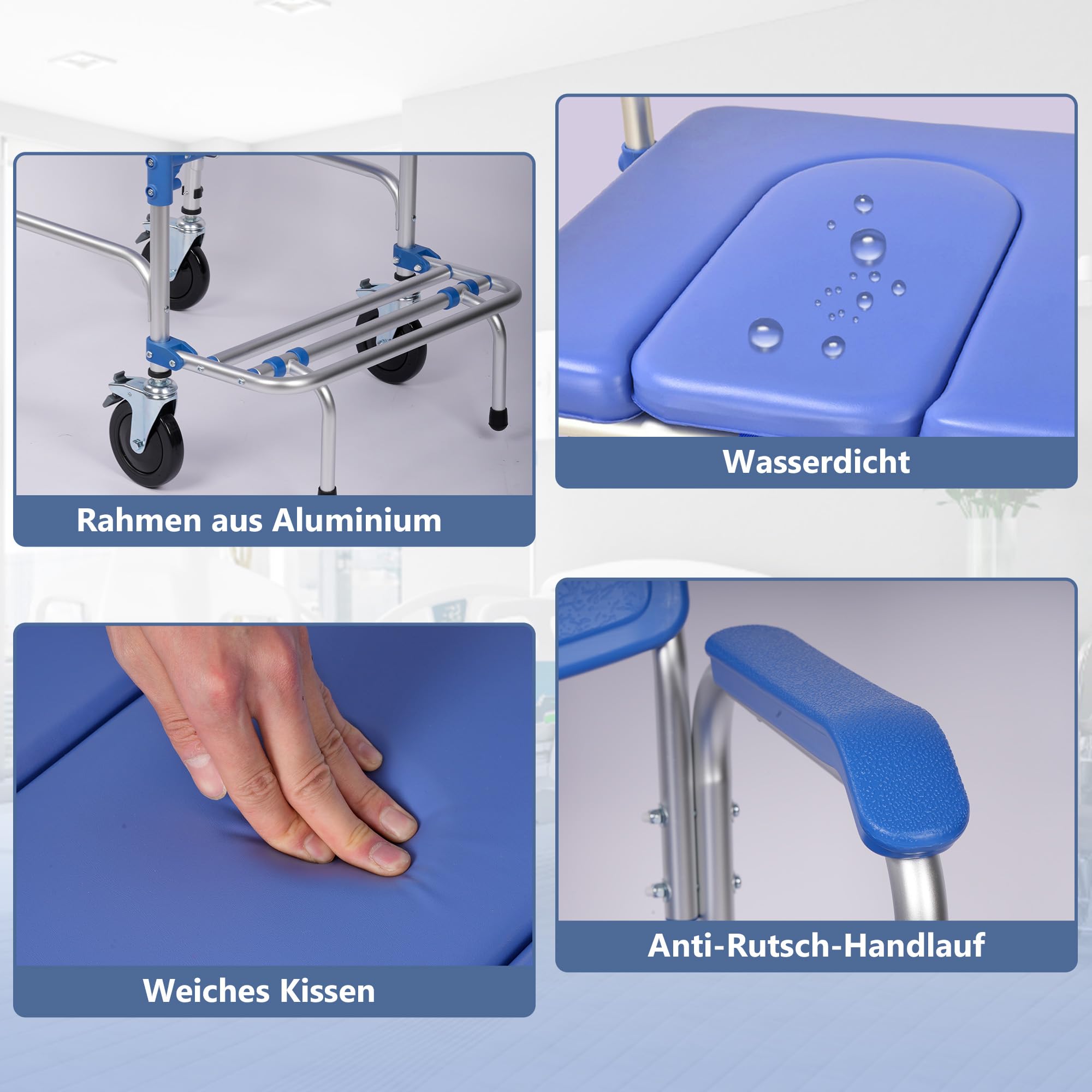 Toilettenstühle, Toilettenstuhl mit rollen, Duschstuhl für senioren, Toilettenstuhl fahrbar für kranke, ältere, behinderte und schwangere, Bis 150 kg Belastbar
