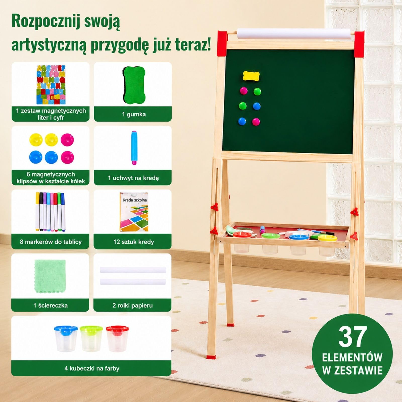 Sztaluga artystyczna 3 w 1 z magnetyczną tablicą suchościeralną, kredowym panelem i rolką papieru, dwustronna, regulowana, stojąca, sosna oraz plastik, naturalny kolor