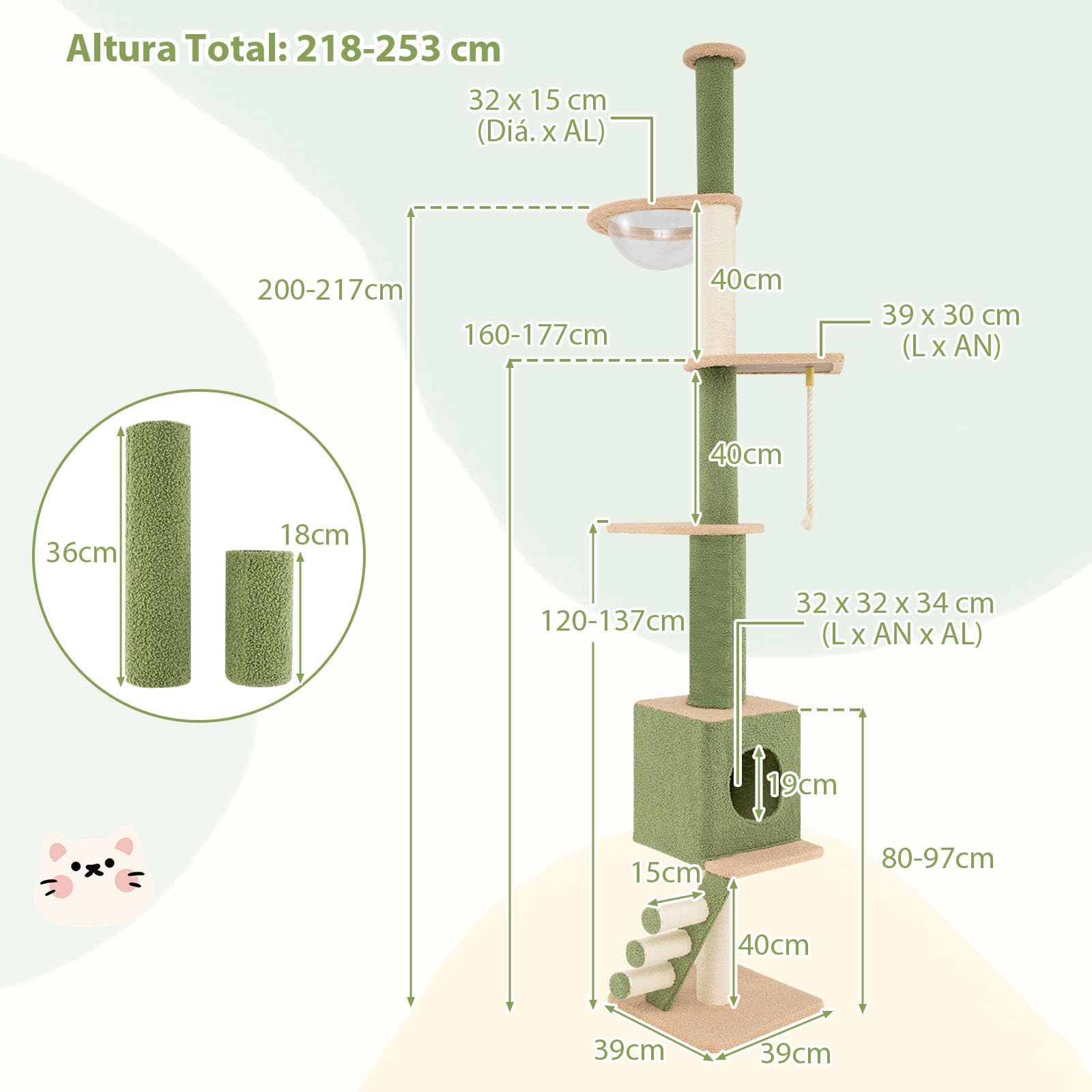 GOPLUS Árbol para Gatos de Piso a Techo, Torre para Gatos de 218-253 cm de Altura Ajustable con 2 Postes Adicionales, Postes Rascadores de Sisal, Centro de Juegos para Gatitos de 5 Niveles