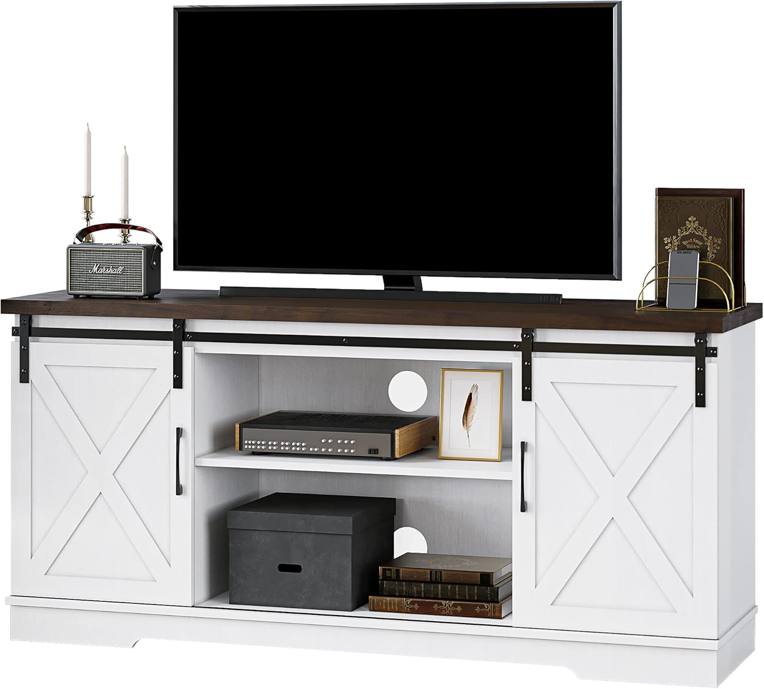 IDEALHOUSE Farmhouse TV Stand for 65 Inch TV, Entertainment Center with Storage and Sliding Barn Doors, Modern Media TV Console TV Stands for Living Room Bedroom (White)
