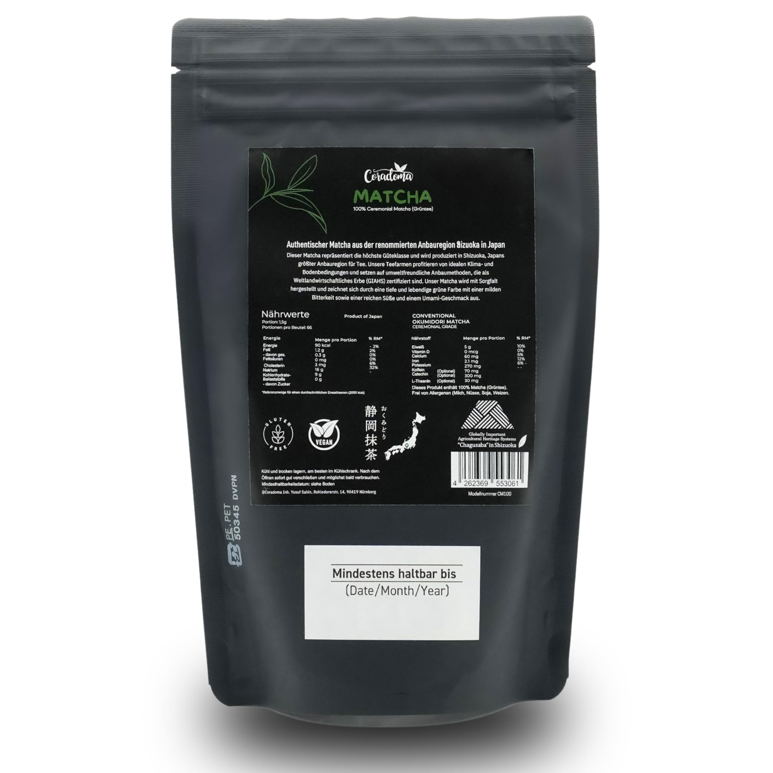 Ceremonial Grade Matcha – Reines handgemahlenes Matcha Pulver aus Japan – Original Japanischer Grüntee aus Erster Ernte – 100g Beutel – Höchste Qualität, Traditionell und 100% Natürlich