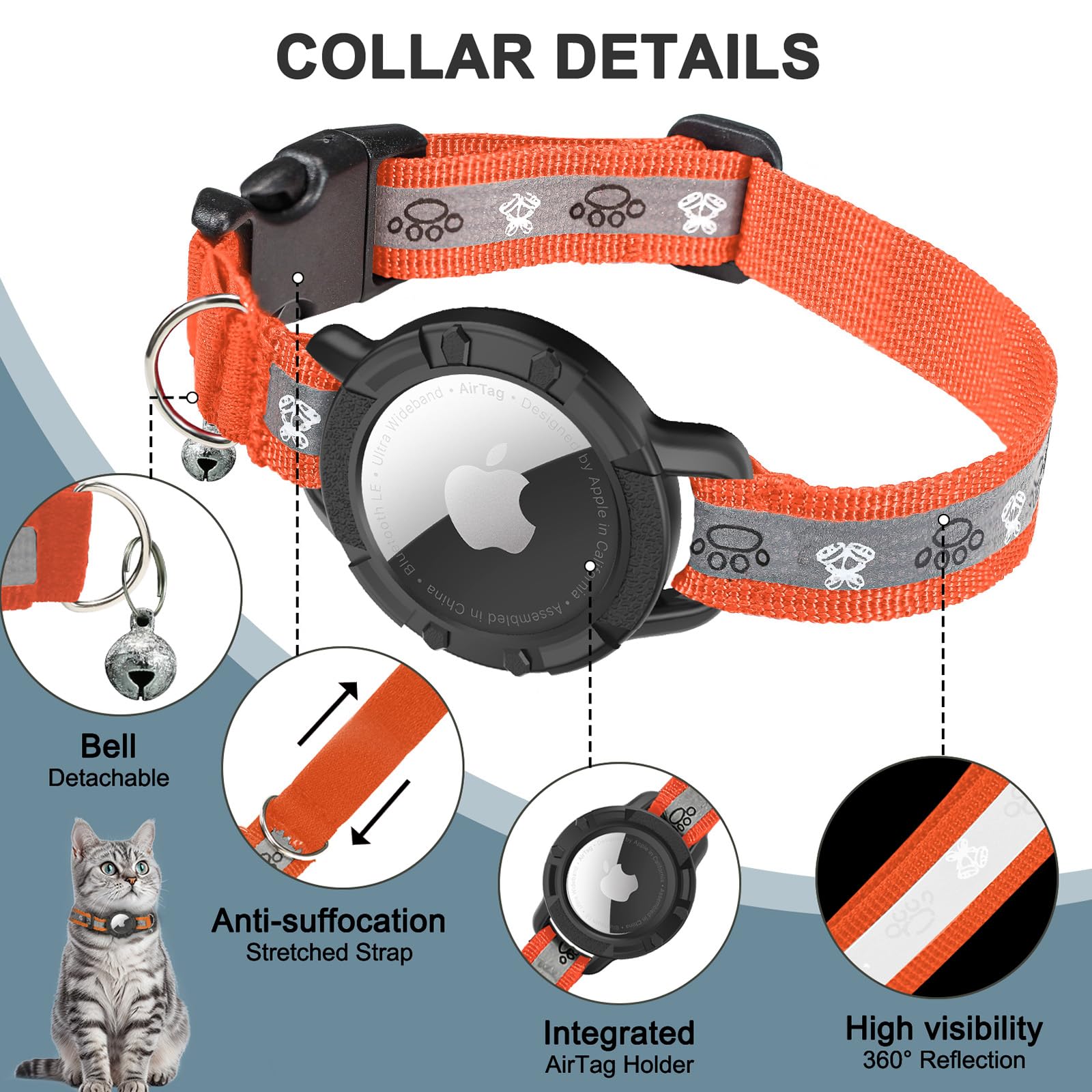Collare riflettente per gatti AirTag (arancione, XS), collare integrato per gatti con supporto per etichetta d'aria e campanello, collare GPS per gatti, gattini e cuccioli