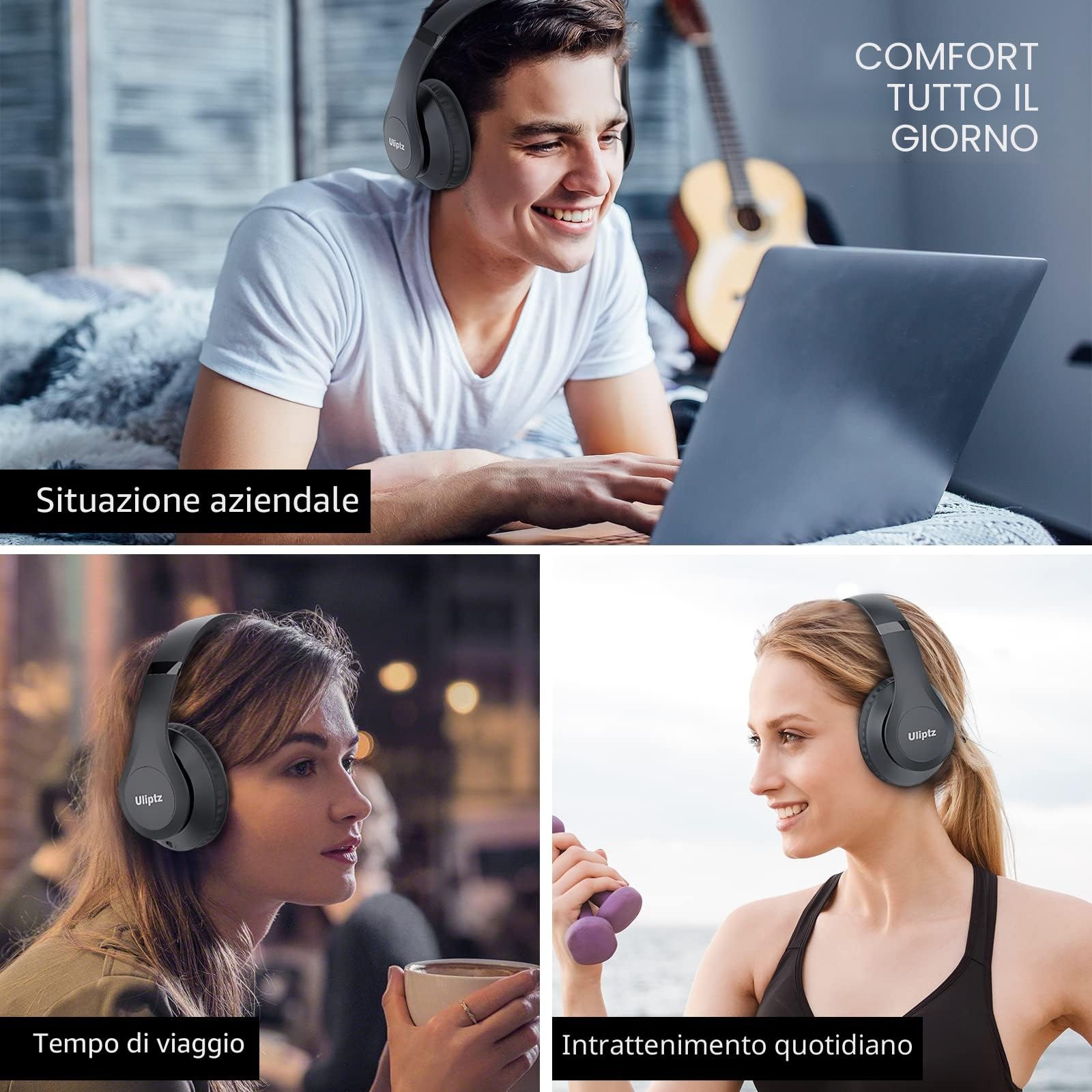 Uliptz Cuffie Wireless, 65 Ore Di Riproduzione, Over Ear, Senza Fili, Stereo HiFi con Microfono, Cuffie Bluetooth 5.3 per Viaggio/Ufficio/Telefono/PC (Nero)