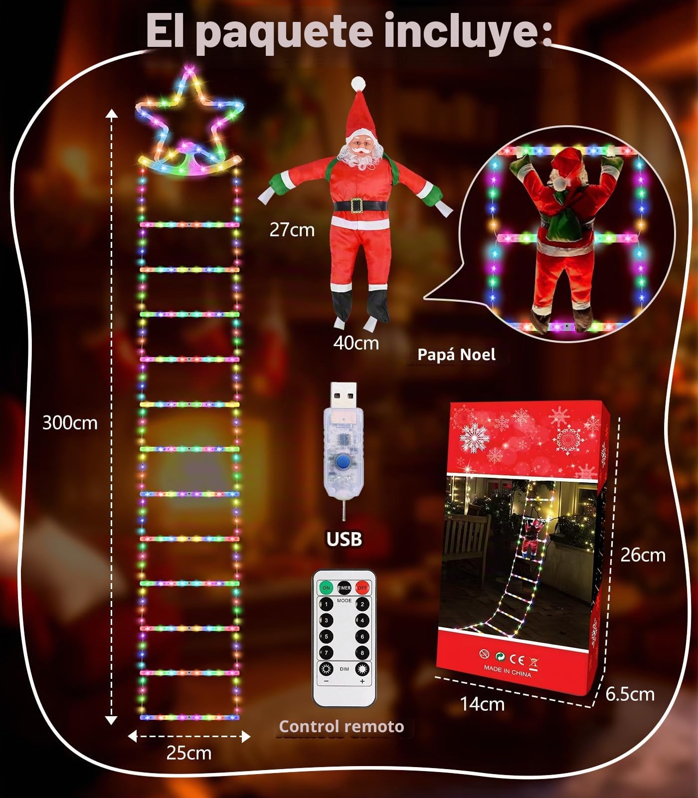 Guirnalda Luces de Navidad - 3 Metros LED Escalera Navidad Estrellas con Papá Noel, 8 Modos USB Luz Decoración con Control Remoto para Exterior Interior, Habitación, Balcón
