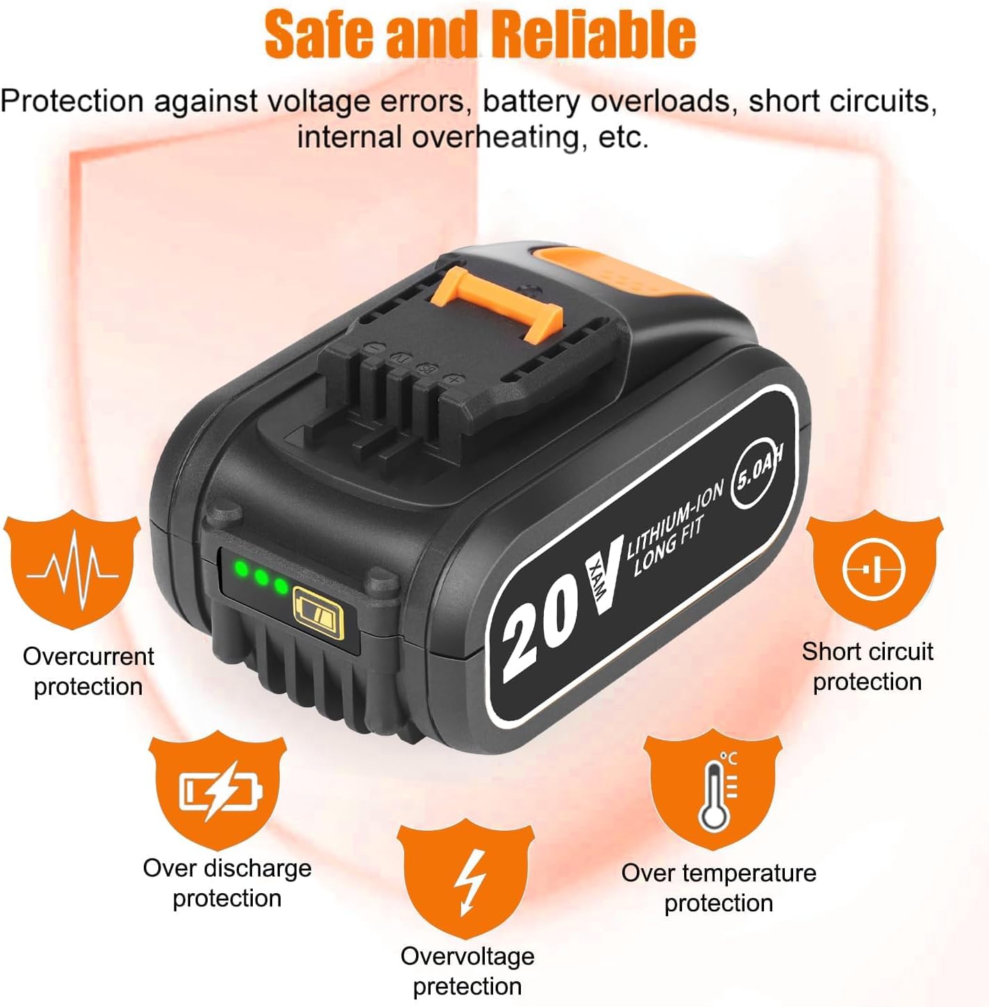 2 confezioni di batterie di ricambio da 5,0 Ah per Worx 20 V WA3553 agli ioni di litio, ricambio per Worx 20 V WA3551 W3553 WA3572 WX390 WX176 WX178 WU268 WX166.4 WX372.1 WX800 WG2 5 9E