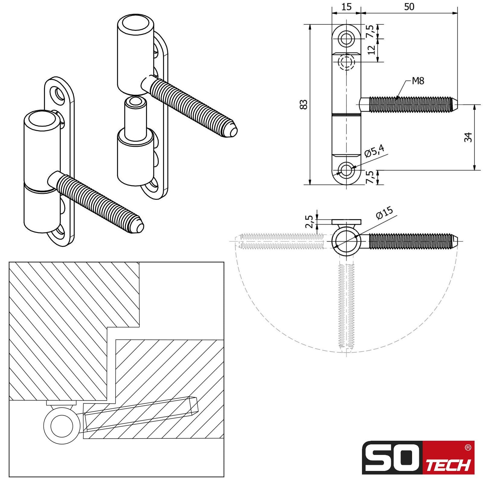 SOTECH 10 piezas Bisagras para puertas Bisagra para taladrar 15 x 83 mm con espiga M8 x 47 mm Bisagra para atornillar Bisagra para puertas interiores para atornillar/taladrar (acero blanco)