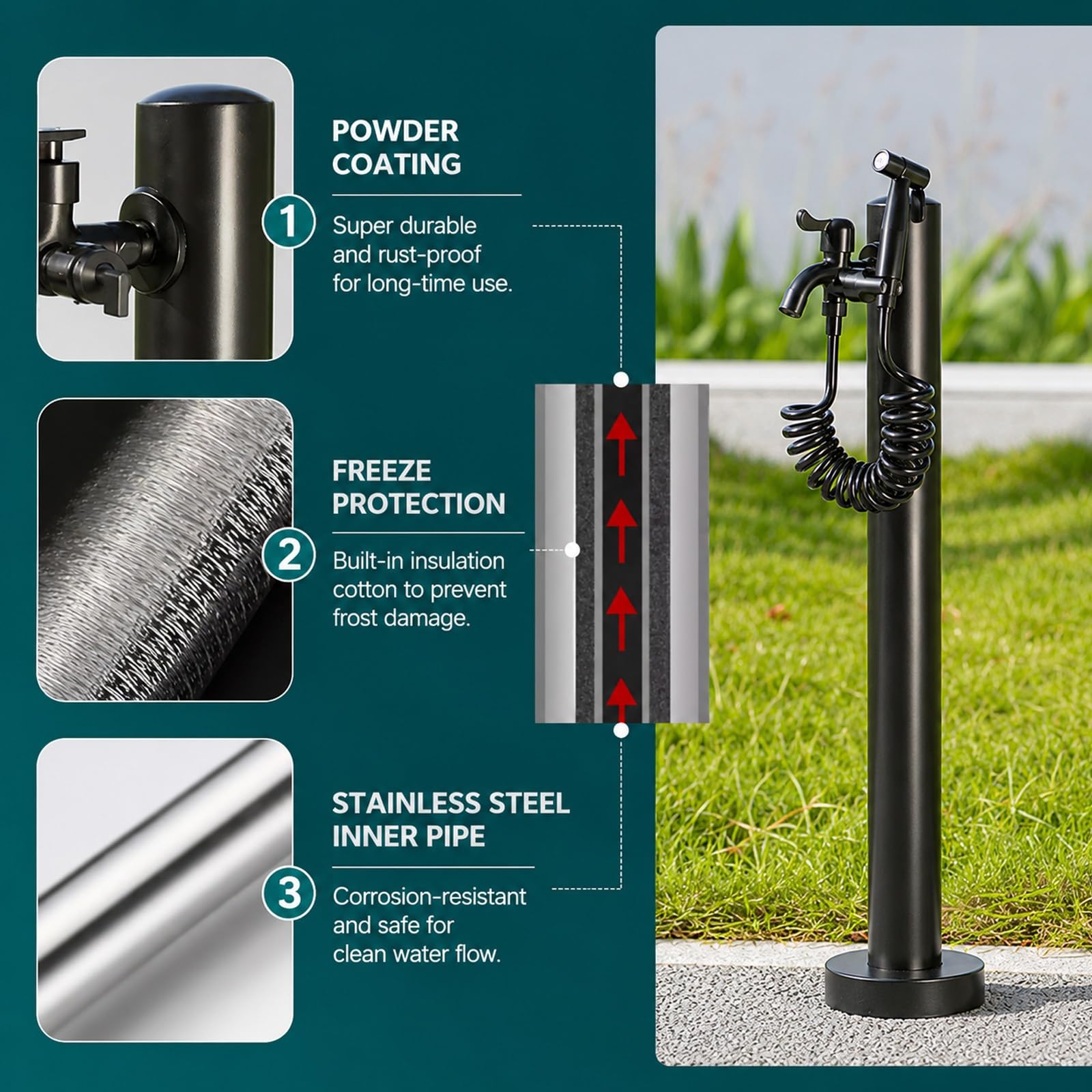 Colonna d'acqua verticale da giardino in acciaio inox con rubinetto e pistola a spruzzo, prolunga resistente al gelo per giardini, cortili, prati, terrazze, irrigazione e pulizia (60 cm / 23.6 in)