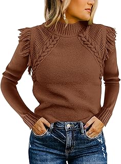 Womens Cable Knit Sweaters Mock Neck Fringe Fitted Long Sleeve Boho Tren...