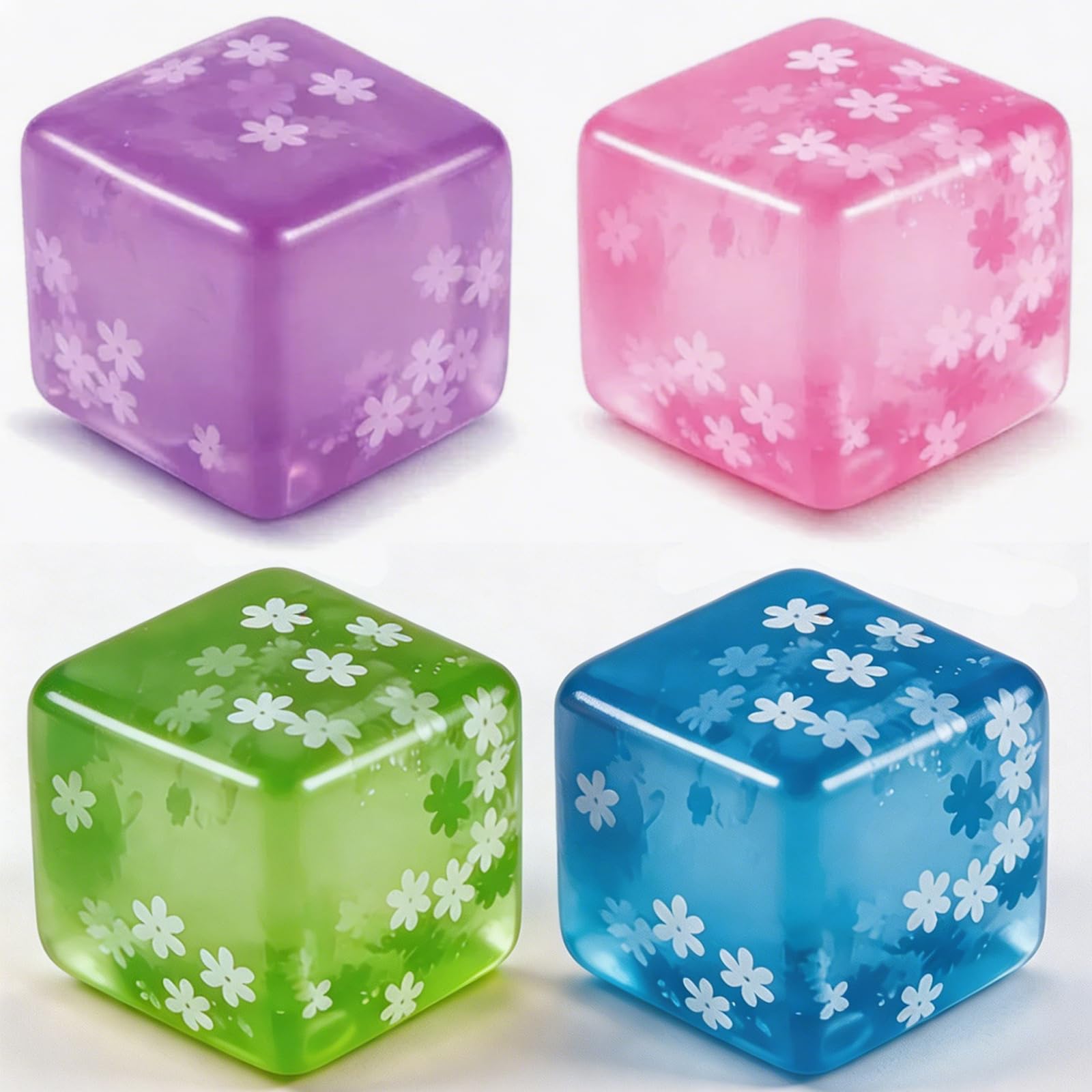 4Pcs Squishy Cube, Ice Cube Squishy with Snowflake Details, Multi-purpose Cube Squishy and Stress Cube for Mindfulness Practice, Soft Squishy Cubes in Purple, Pink, Green & Blue