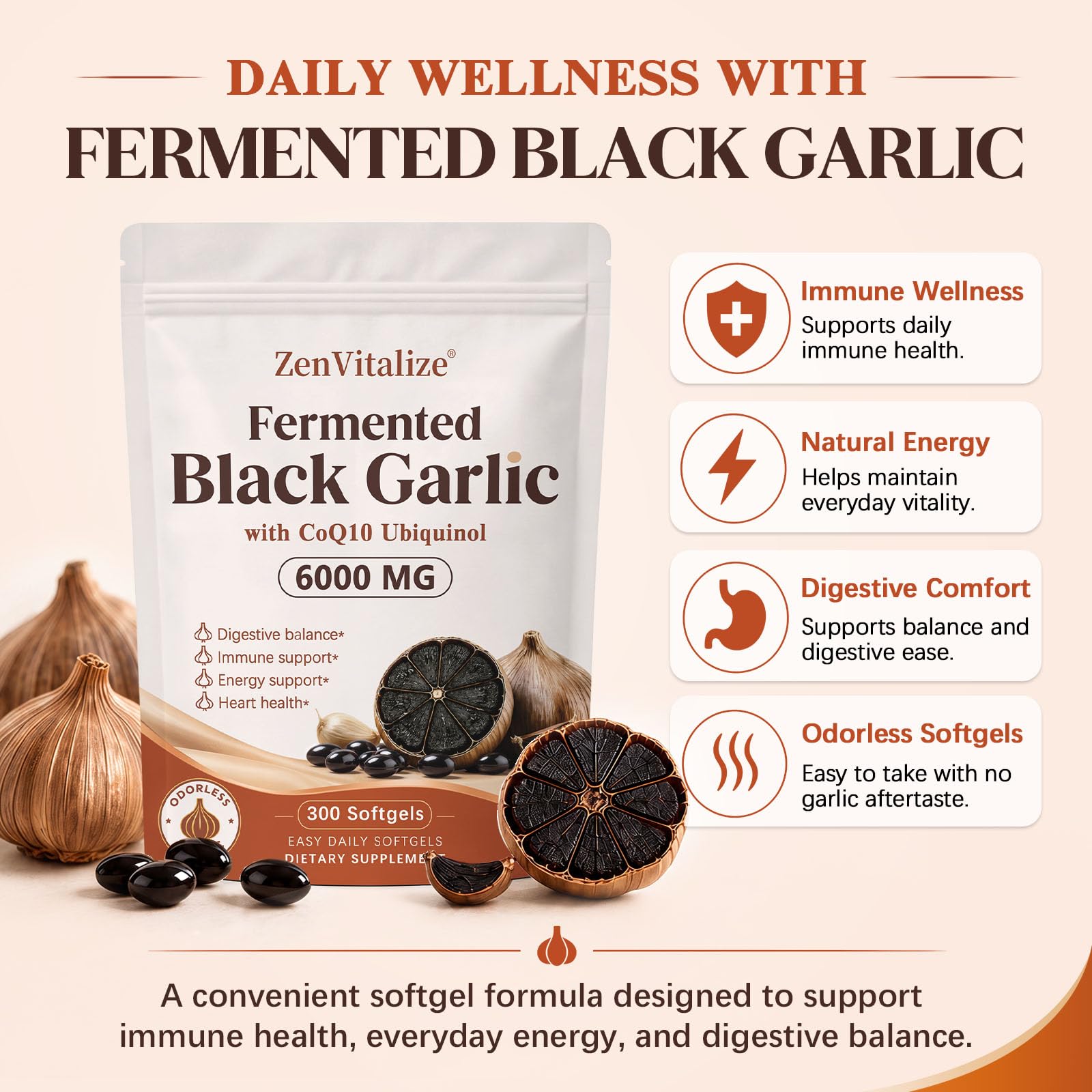 Aged Fermented Black Garlic Softgels with CoQ10 Ubiquinol and Vitamin K2 MK-7, Odor-Free Garlic Extract Supplement for Heart & Immune Support, Non-GMO, Gluten-Free, 300 Softgels — Amazon image 4