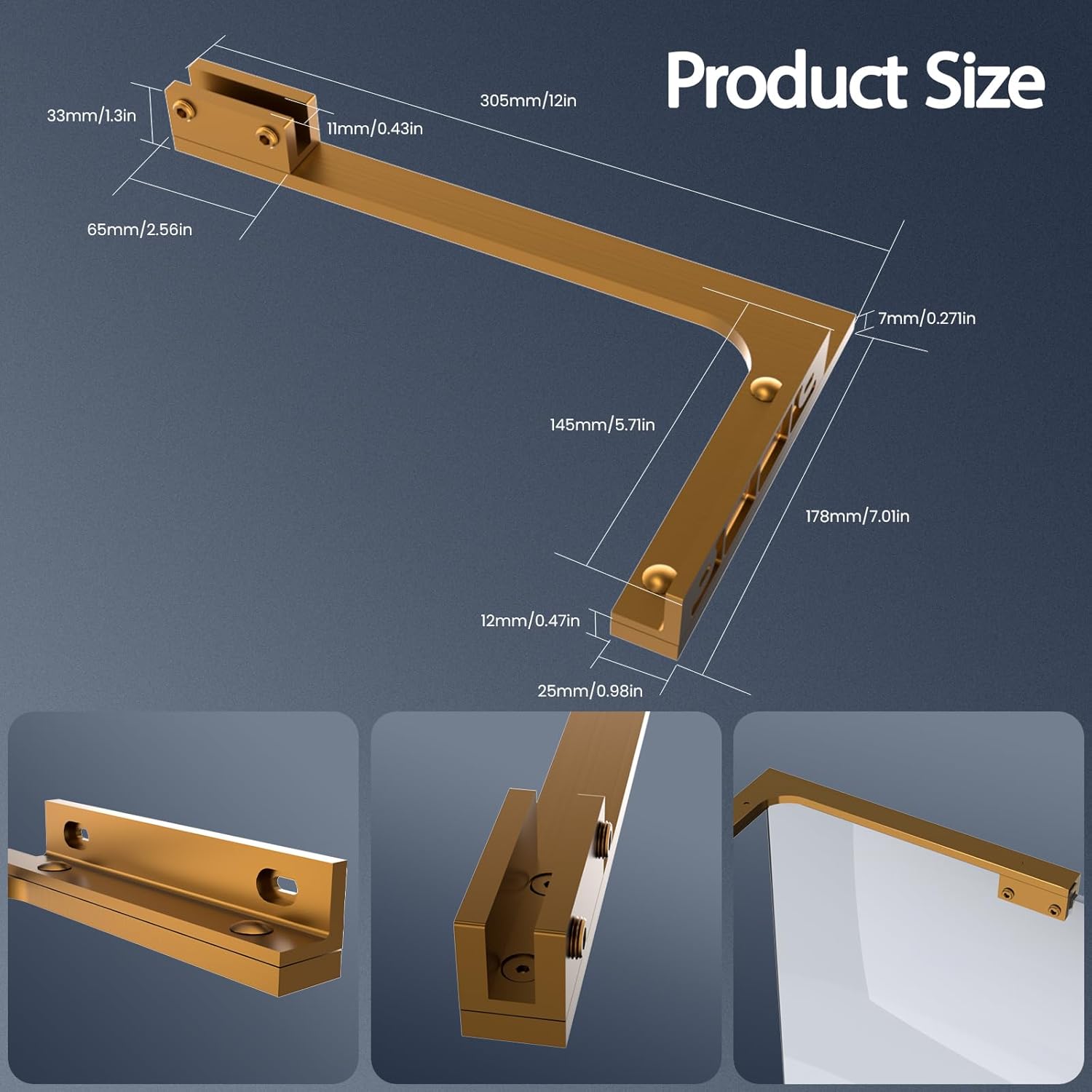 Heavy Duty Shower Door Bracket for Glass Support Bar, Both Sides Available, Frameless Bathroom Glass Clamp L Shape Panel Bracket, No Drill,Fixed Shower Panel to Wall (BRUSE Gold)