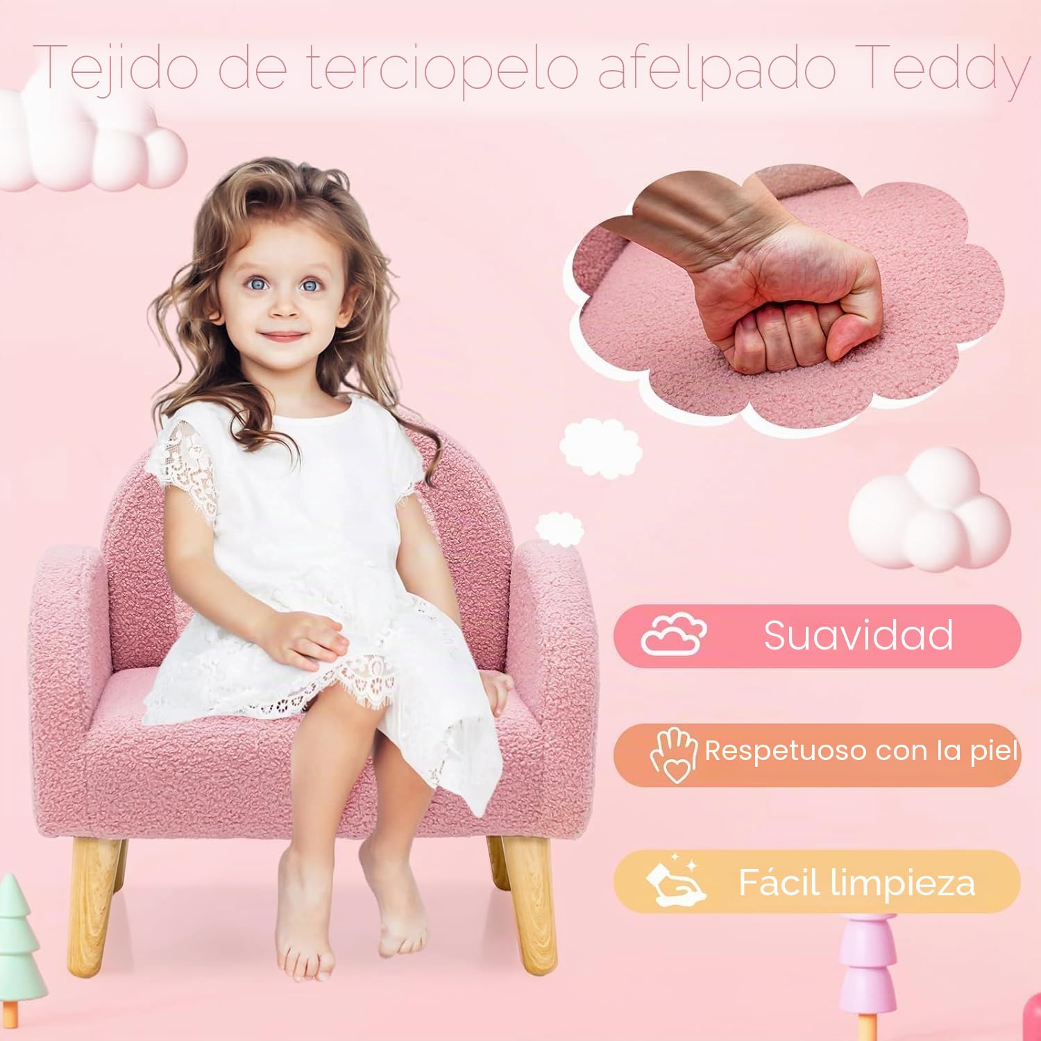 GOPLUS Sillón infantil sofá de peluche con respaldo y apoyabrazos acolchado rosa