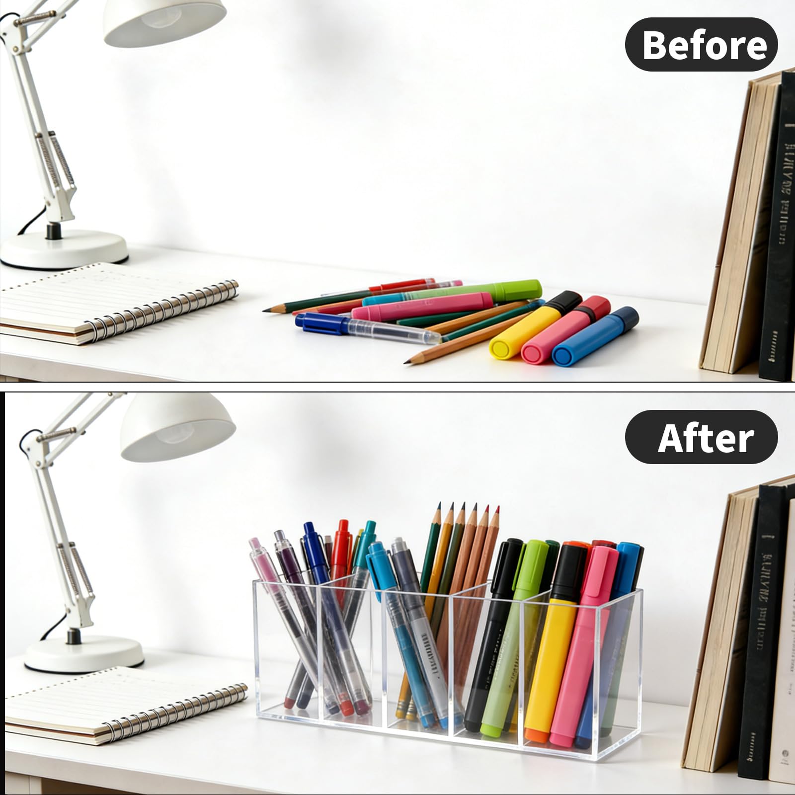 MospdyGear Acrylic Pen Pencil Holder, 5-Compartment Clear Desk Organizer, Versatile Storage for Office Supplies and Makeup Brushes - Image 2