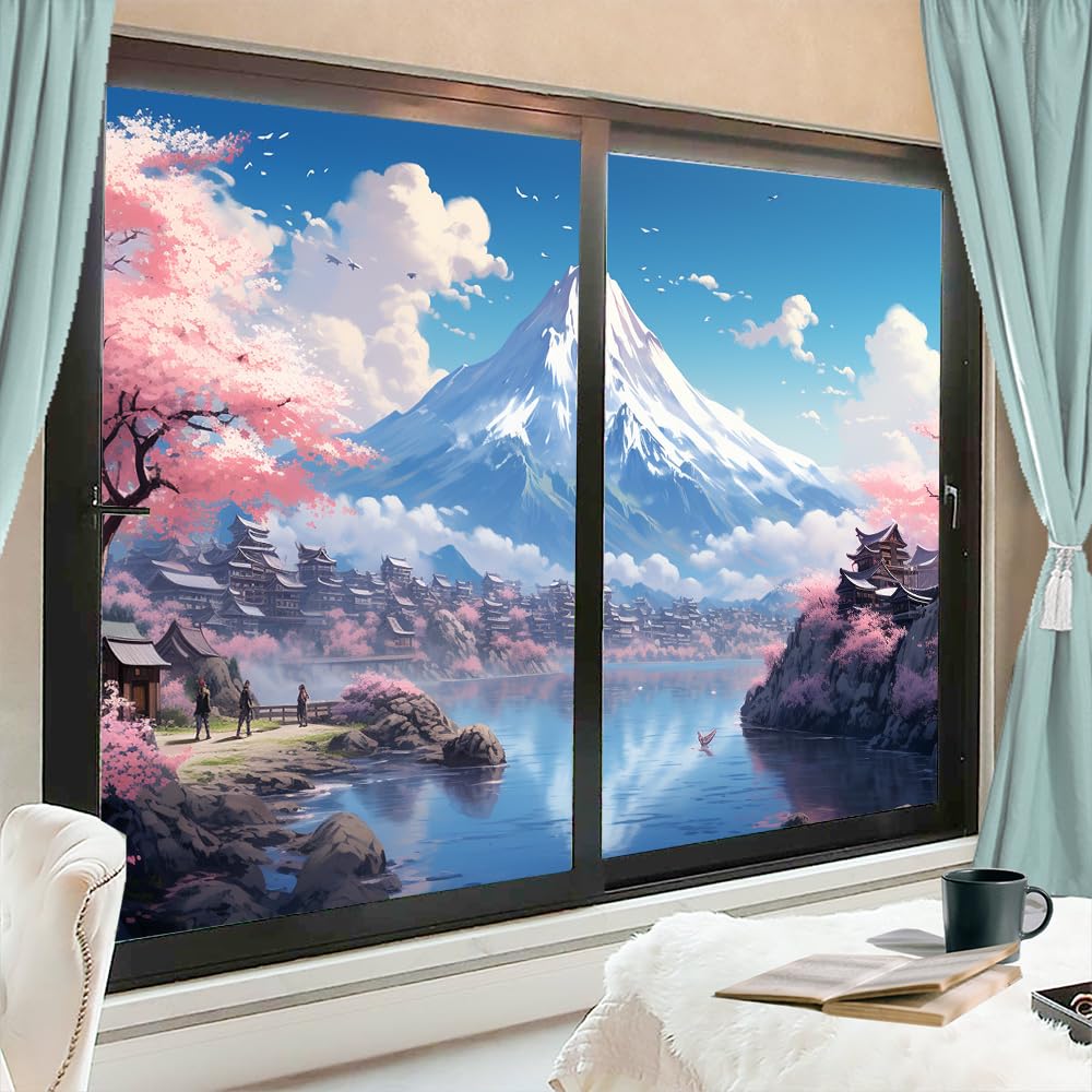 Pellicola per finestre in vetro colorato con paesaggio moderno con alberi di ciliegio, pellicola per la privacy, pellicola per porte in vetro, non adesiva, per camera e cucina, 80 x 120 cm, 2 pezzi