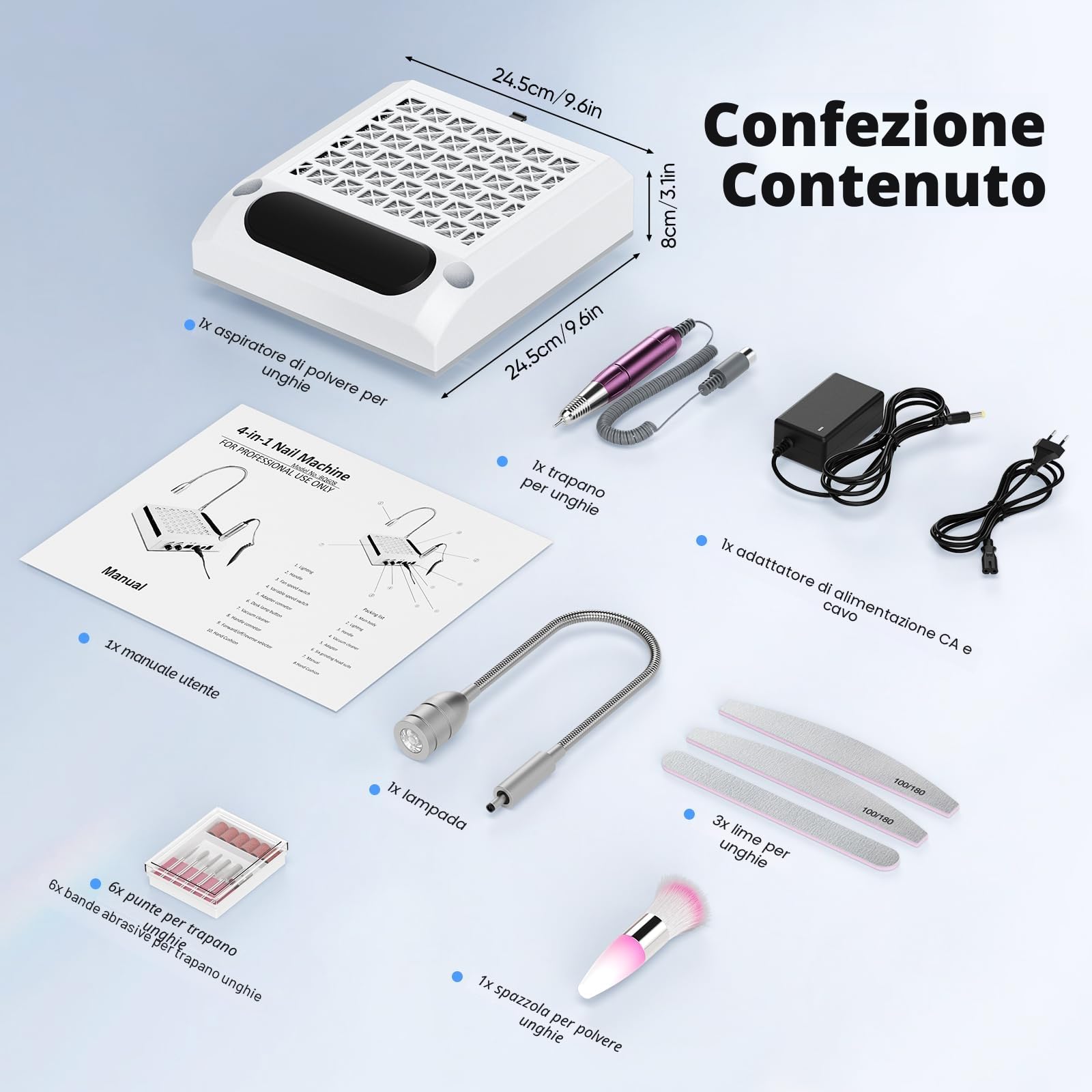 Fresa elettrica per unghie 4 in 1, aspiratore professionale per polvere da 30.000 giri/min, potente aspiratore da 80 W, luce LED girevole da 6 W, silenzioso, con 3 lime per salone (White)