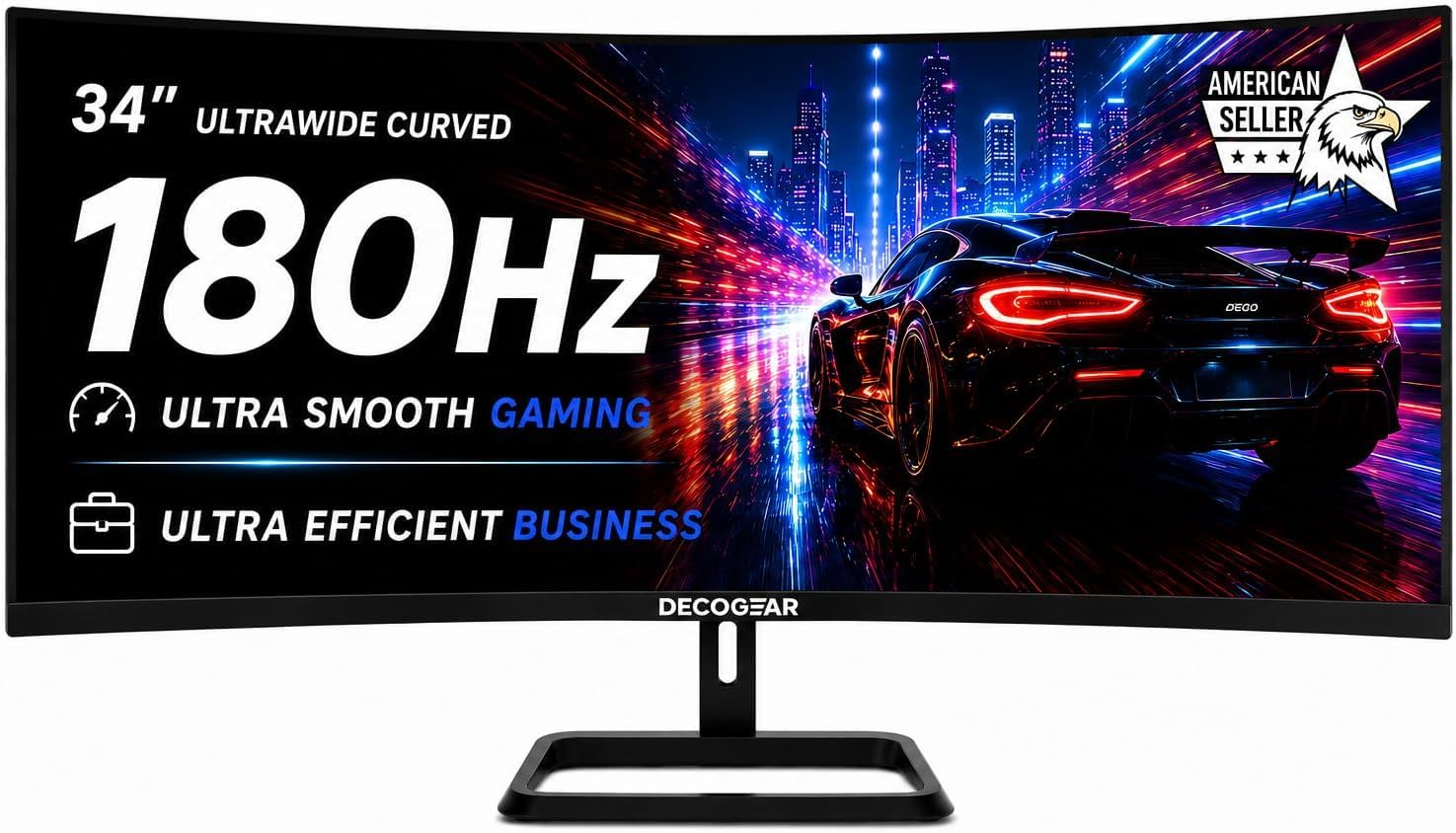 Deco Gear 34” Curved Gaming Monitor, 180Hz 3440×1440 Ultrawide UWQHD Screen for Laptop & PC, Adaptive Sync, R1500 VA Panel, HDR, 100% sRGB, Dual HDMI/DP, 21:9, VESA Mount, American Seller : Electronics