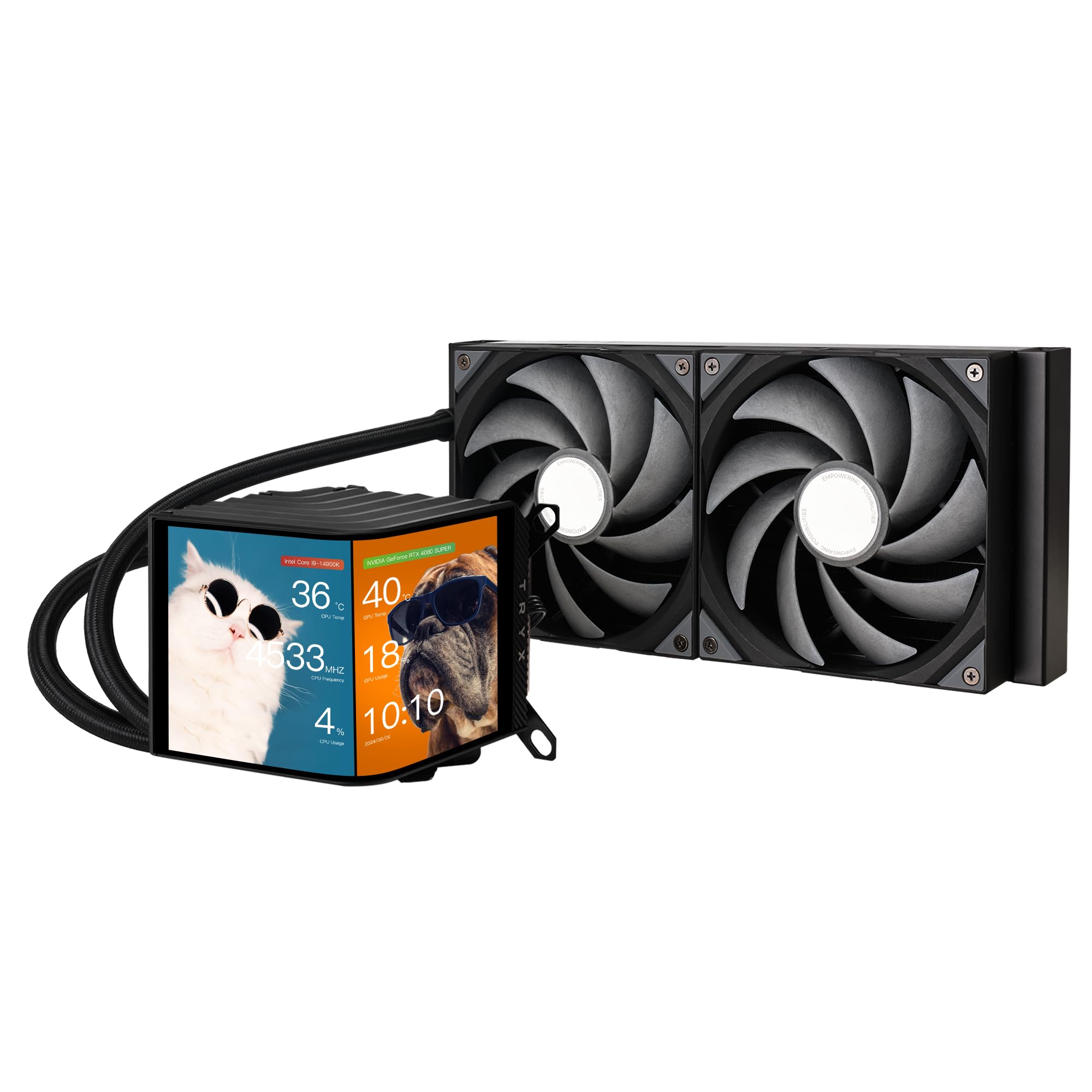 TRYX Panorama 280 280mm AIO 6.67'' AMOLED L-Shaped Screen 3D Anamorphic Effect Display Customizable AIO Cooler 280mm 8th Gen Asetek Pump 300w TDP with ROTA PRO 140mm Fan for LGA 1700/1200/115X AM5/AM4