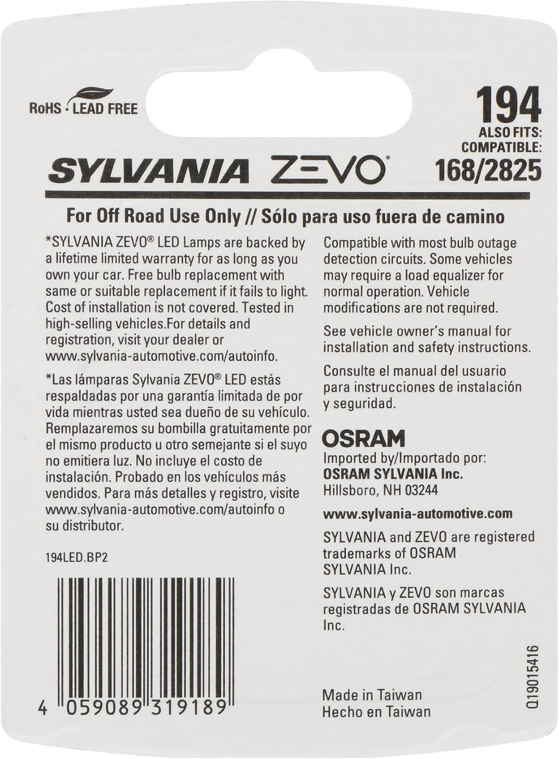 SYLVANIA 194 T10 W5W ZEVO LED White Bulb, 6000K Cool White, 2 Bulbs image 2