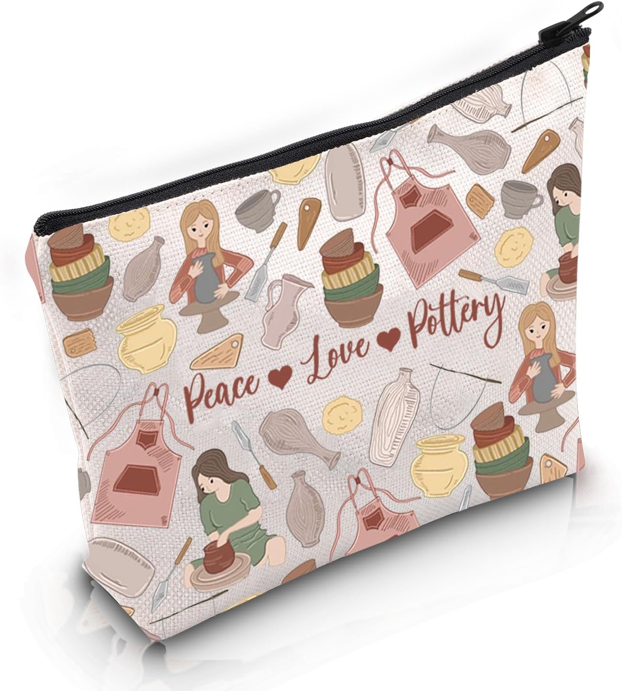 VAMSII Pottery Lover Gift Peace Love Pottery Makeup Bag Pottery Maker Cosmetic Bag Ceramics Lover Gift (Peace Love Pottery M)