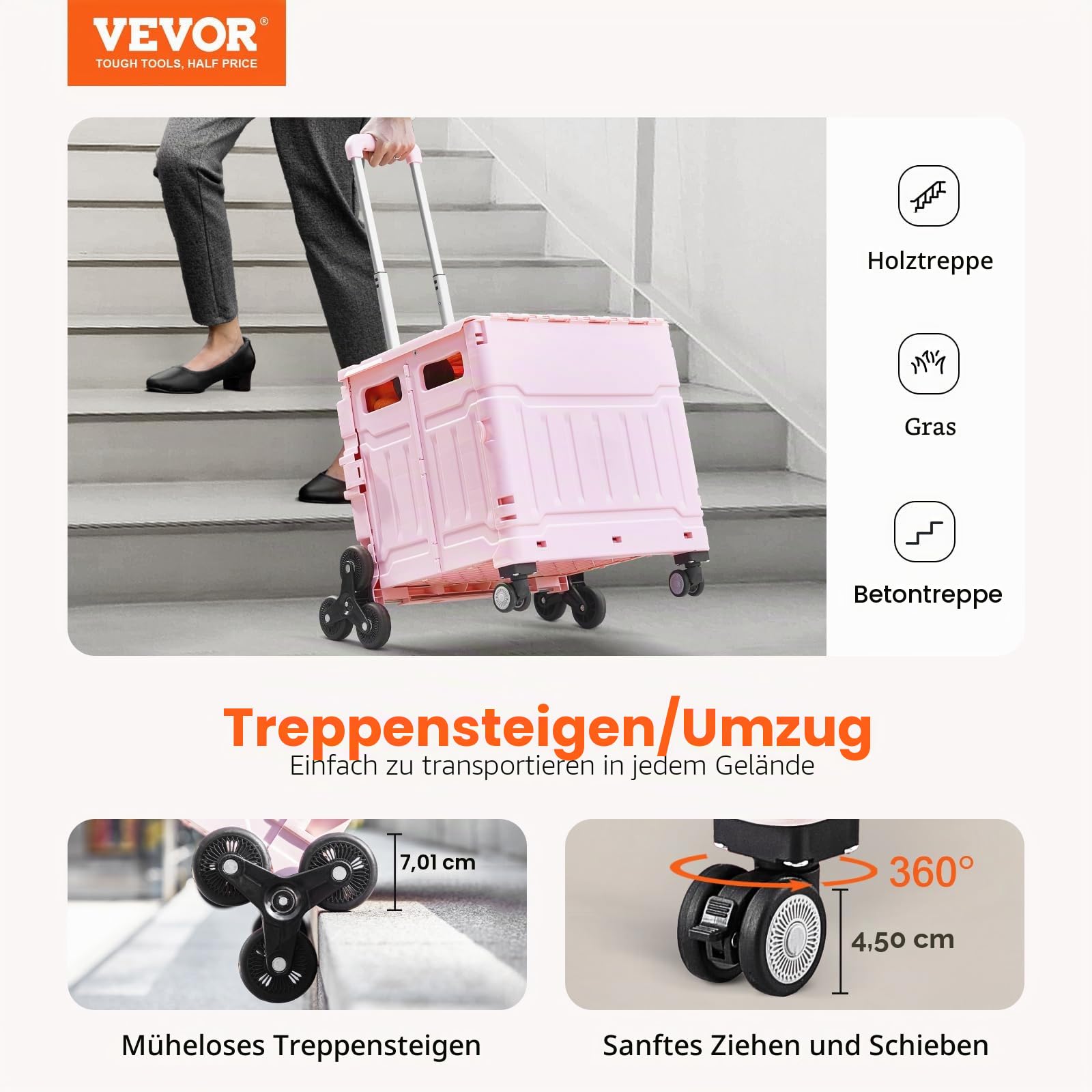 VEVOR Einkaufstrolley, Klappbar, Faltbarer Aluminium-Einkaufswagen zum Treppensteigen mit 2 Rädern, tragbarer Treppenliftstuhl, Rettungswagen, Shopping Trolley für ältere Menschen, Behinderte