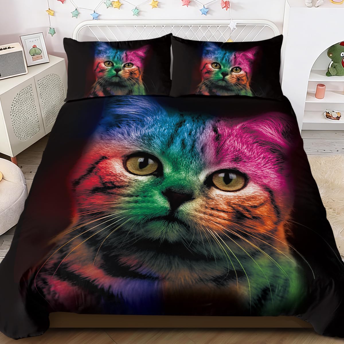 Blessliving Girls 1 Cat Bedding Sets For : Soft Premium Microfiber Colorful Cats Black Duvet Cover For Kids Boys Teens, Cute Rainbow Kitty Print Quilt Cover Double With Zipper Closure Bedroom Decor