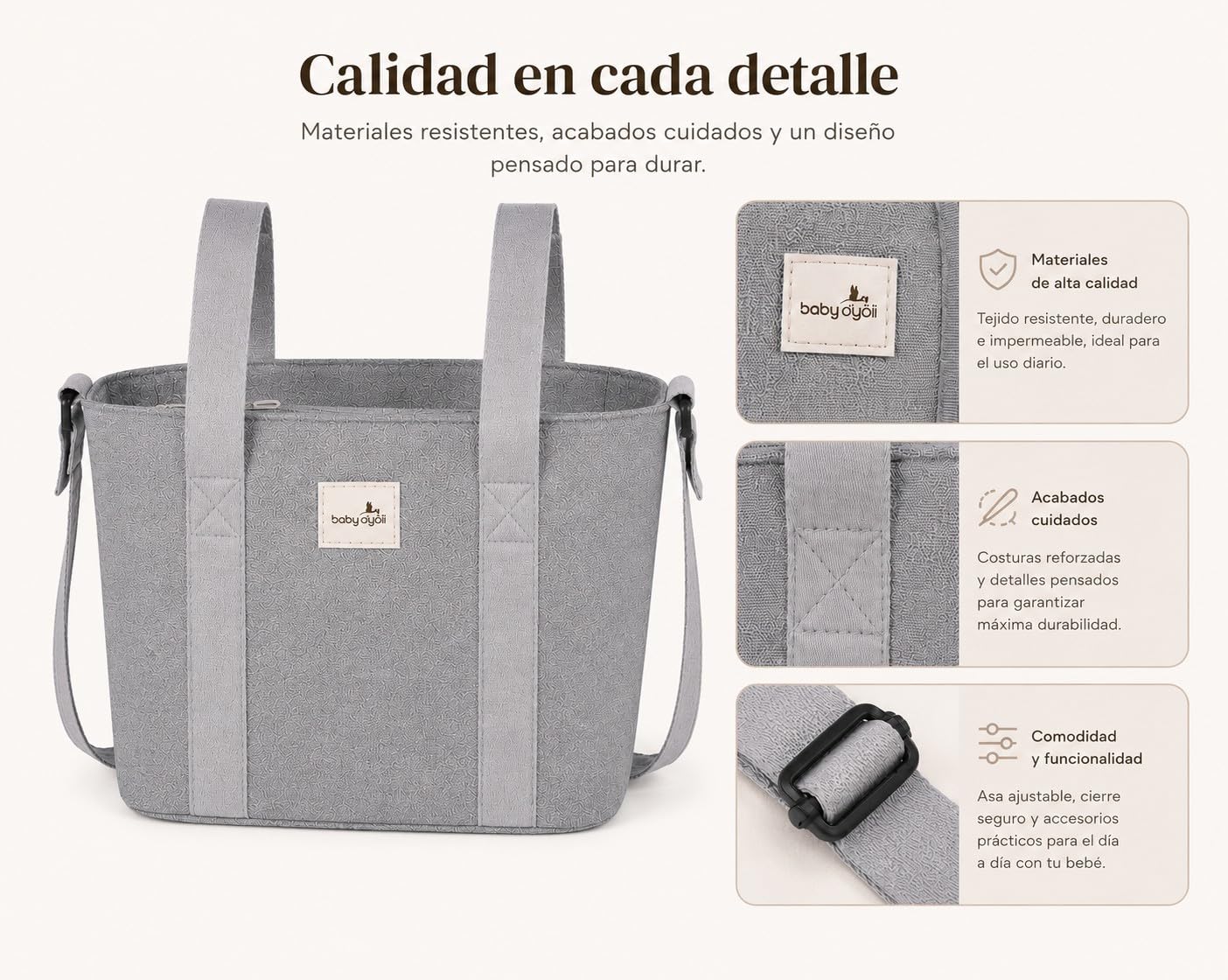 Borsa grande capacità, organizer grigio. Borsa per passeggino. Manici corti per il fissaggio al carrello e lunghi per la spalla.
