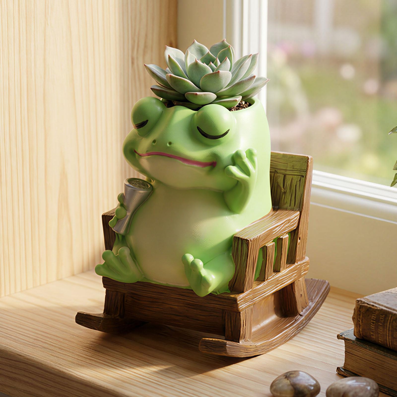 shaojian Cute Succulent Pots Unique Small Plant Pots with Drainage Hole, Rocking Chair Planter for Outdoor Indoor Plants, Resin Flower Pot for String of Pearls Succulent Cactus(Frog & Chair)