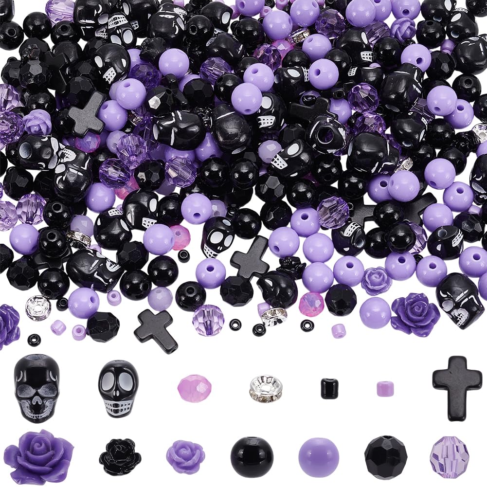 SUNNYCLUE 646Pcs Skull Beads Gothic Beads Black Purple Rose Flower Halloween Skeleton Cross Charms Acrylic Losse Spacers for Jewelry Making Bracelets Necklaces DIY Crafts Gift Holiday Women Adults-image-0